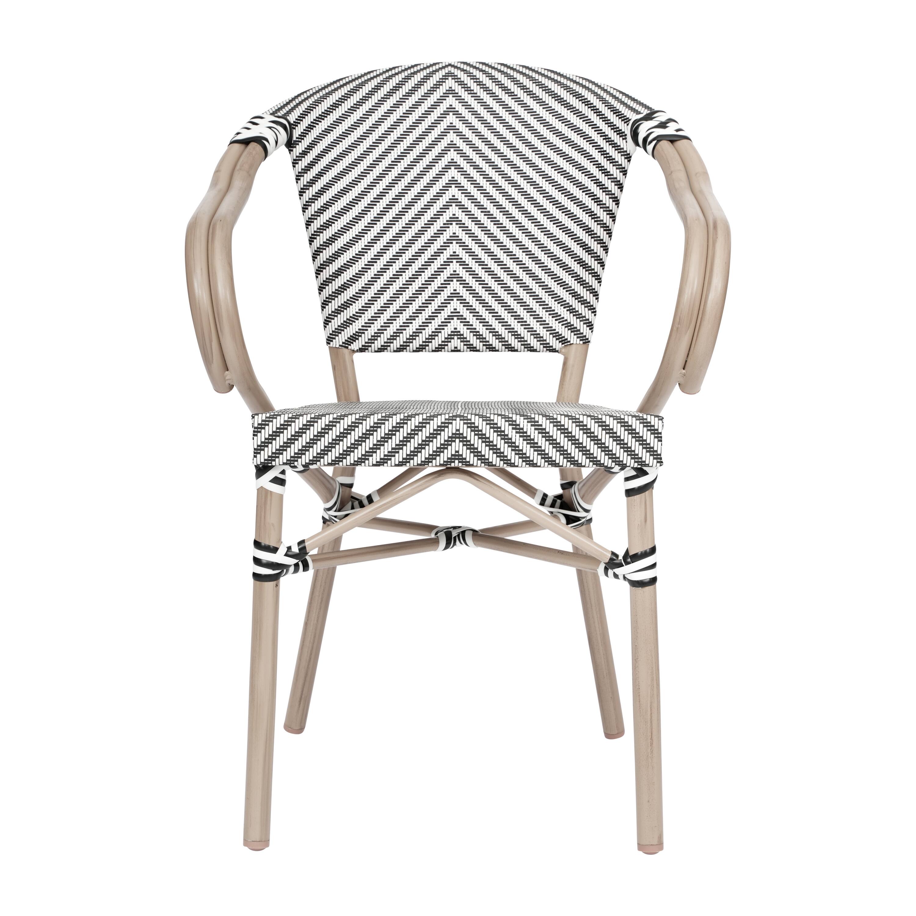 Alt View 8. Emma + Oliver - Massalia Indoor/Outdoor Stacking Thonet Bistro Style Chair with Arms, Textilene Seat and Bamboo Finished Metal Frame - Black & White/Light Natural Frame.