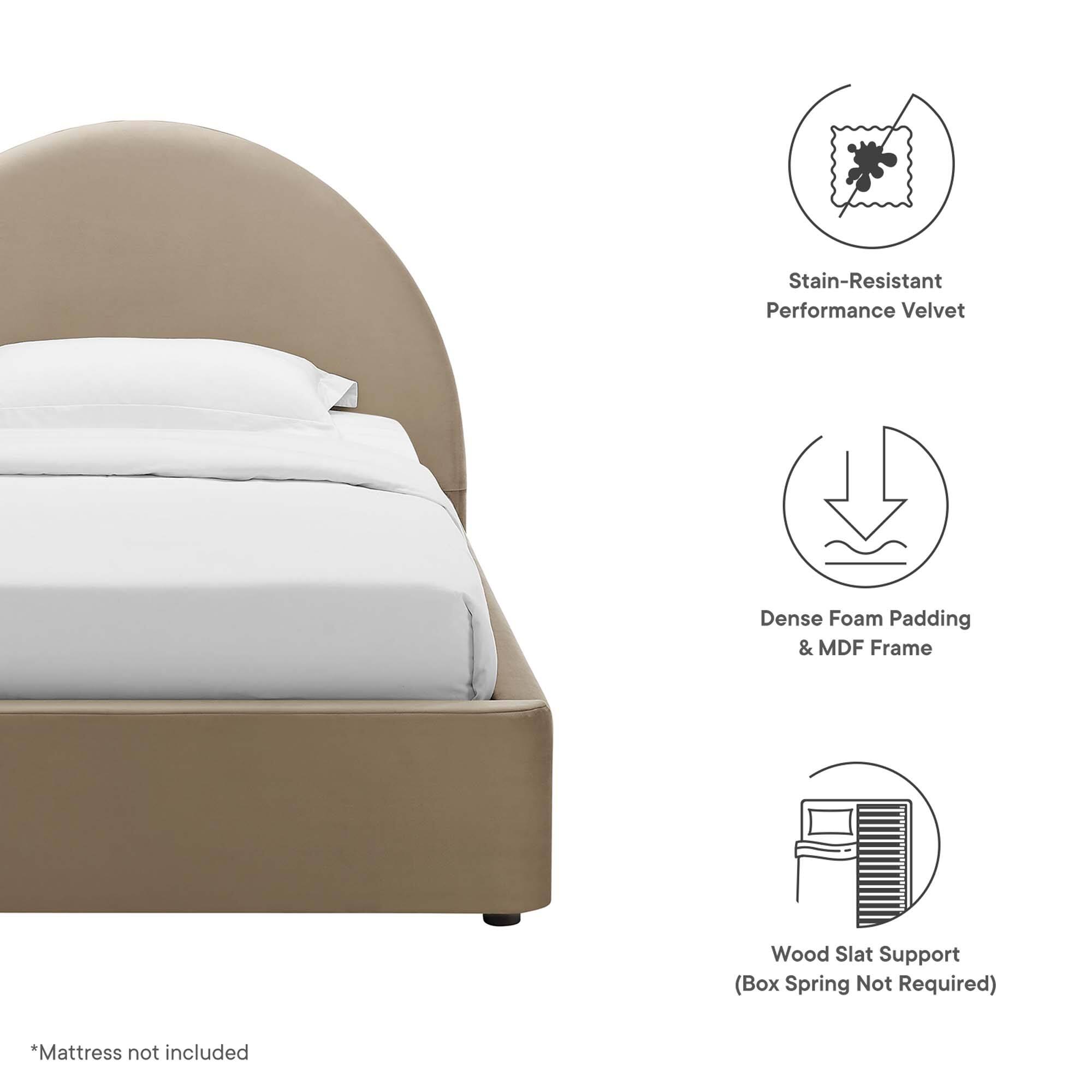 - Stain-Resistant Performance Velvet
- Dense Foam Padding & MDF Frame
- Wood Slat Support (Box Spring Not Required)
- *Mattress not included