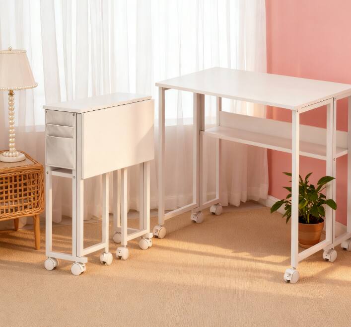 Alt View 1. TinyHomie - Folding Computer Desk with Storage Bag Shelf and Wheels for Small Spaces Home Office - White.