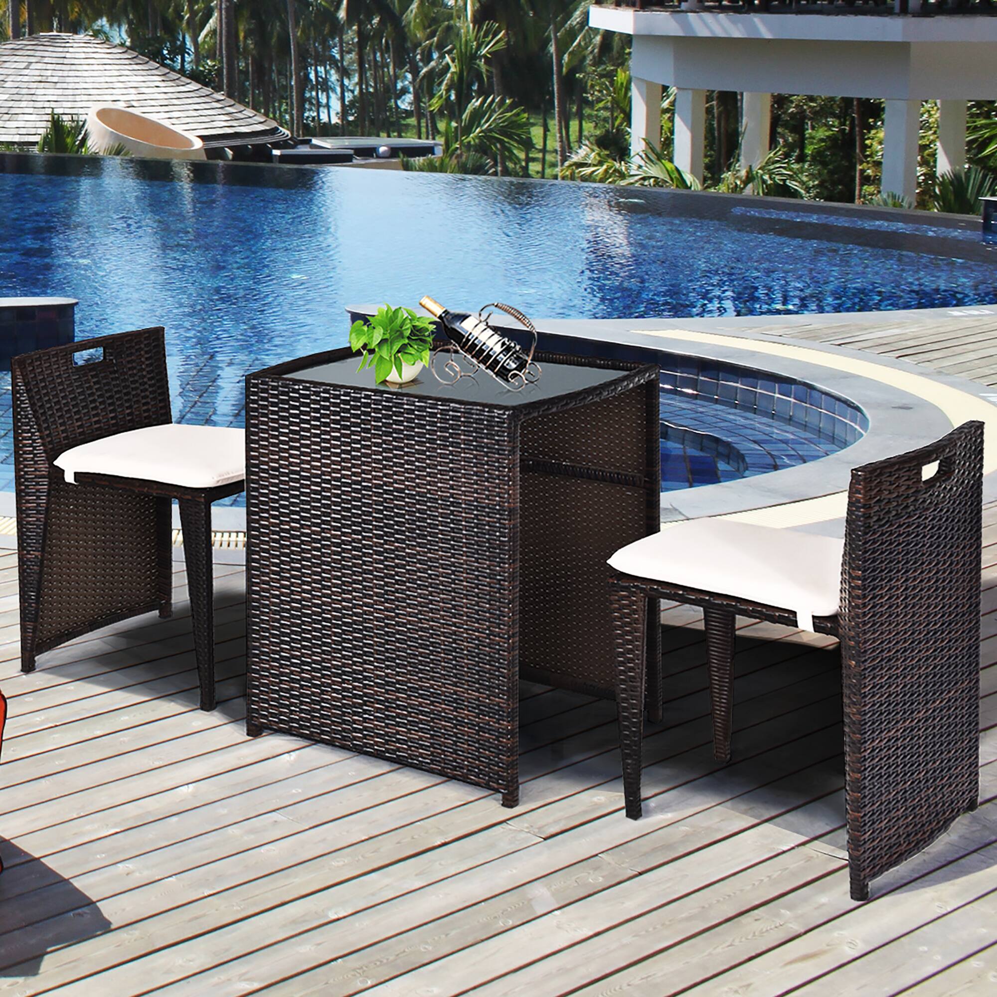 Alt View 3. Costway - Costway 3PCS Outdoor Patio Rattan Furniture Set Space Saving Garden Deck W/Cushion No Assembly - Brown.