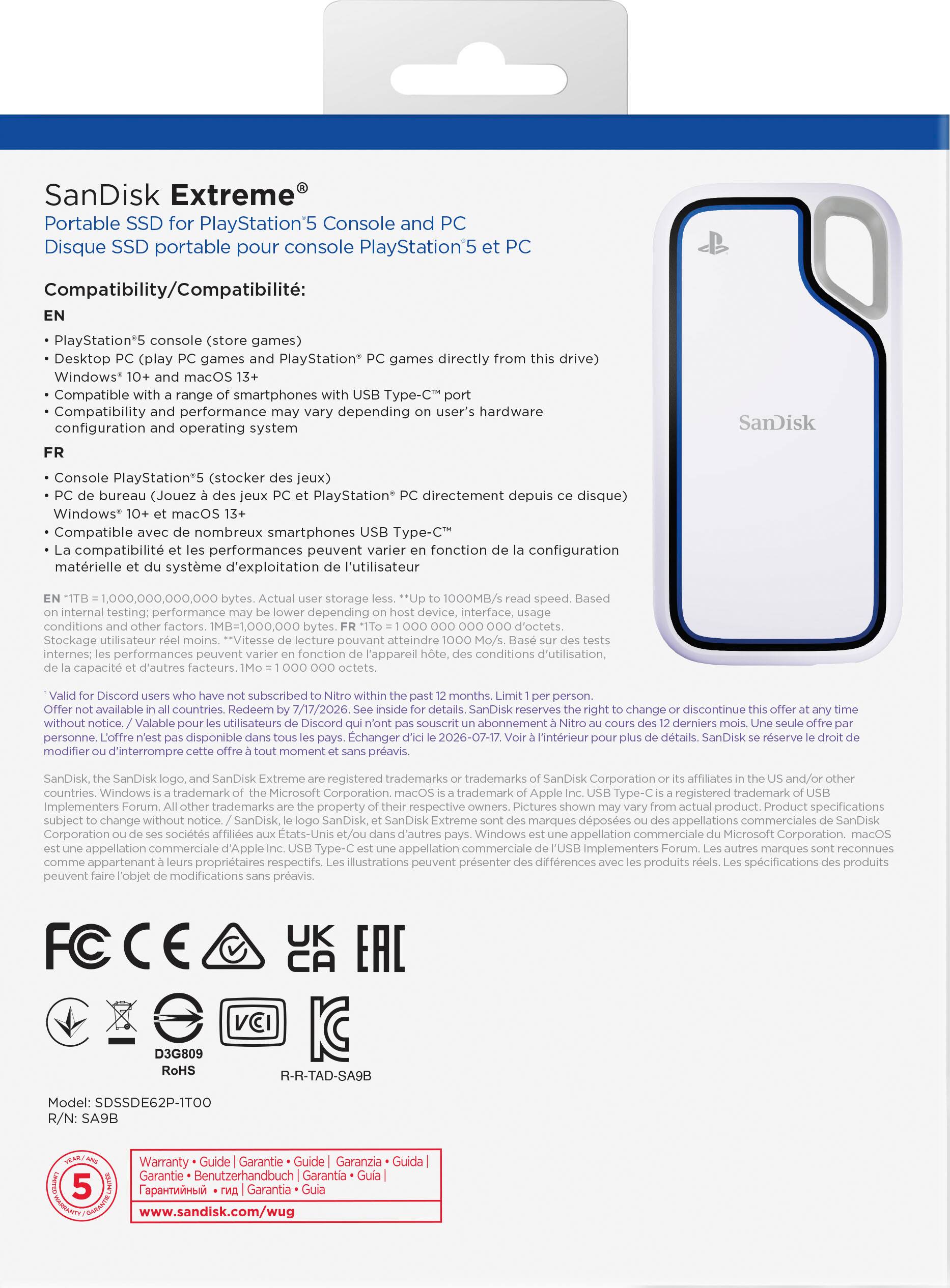 SanDisk Extreme Portable SSD PlayStation'5 Console and Disque SSD portable pour console PlayStation'5 Compatibility/Compatibilit: PlayStation'5 console (store games) Desktop (play games PlayStation games directly drive) Windows* macOS Compatible smartphones pe-CT compatibilit performances peuvent varier fonction configuration matrielle systme d'exploitation l'utilisateur 1,000,000.000,000 storage 1000MB/s speed. testing: performance depending interface, conditions factors IMB=1,000,000 d'octets. Stockage utilisateur *Vitesse pouvant atteindre internes: performances peuvent fonction l'appareil conditions d'utilisation, capacit d'autres facteurs. Discord subscribed months. available countries. Redeem 7/17/2026. SanDisk.