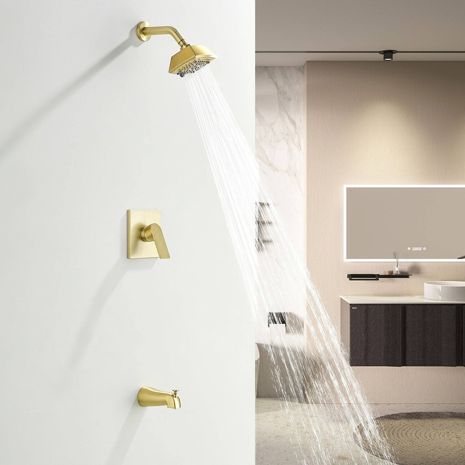 Alt View 3. Boyel Living - Brushed Gold Brass Shower Set 5-Function ABS Top Spray Pressure Balance Valve Large Flow Lift-Up Spout 1/2NPT Thread - Brushed Gold.