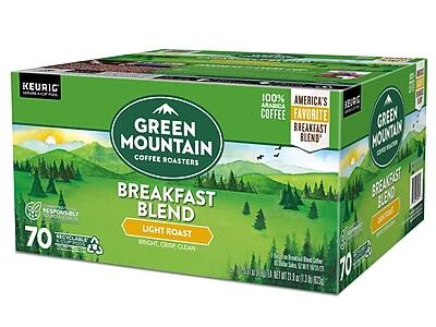 KEURIG GREEN MOUNTAIN COFFEE ROASTERS  
BREAKFAST BLEND  
LIGHT ROAST  
70 COUNT  
100% ARABICA COFFEE  
AMERICA'S FAVORITE BREAKFAST BLEND  
BRIGHT, CRISP, CLEAN  
RECYCLABLE