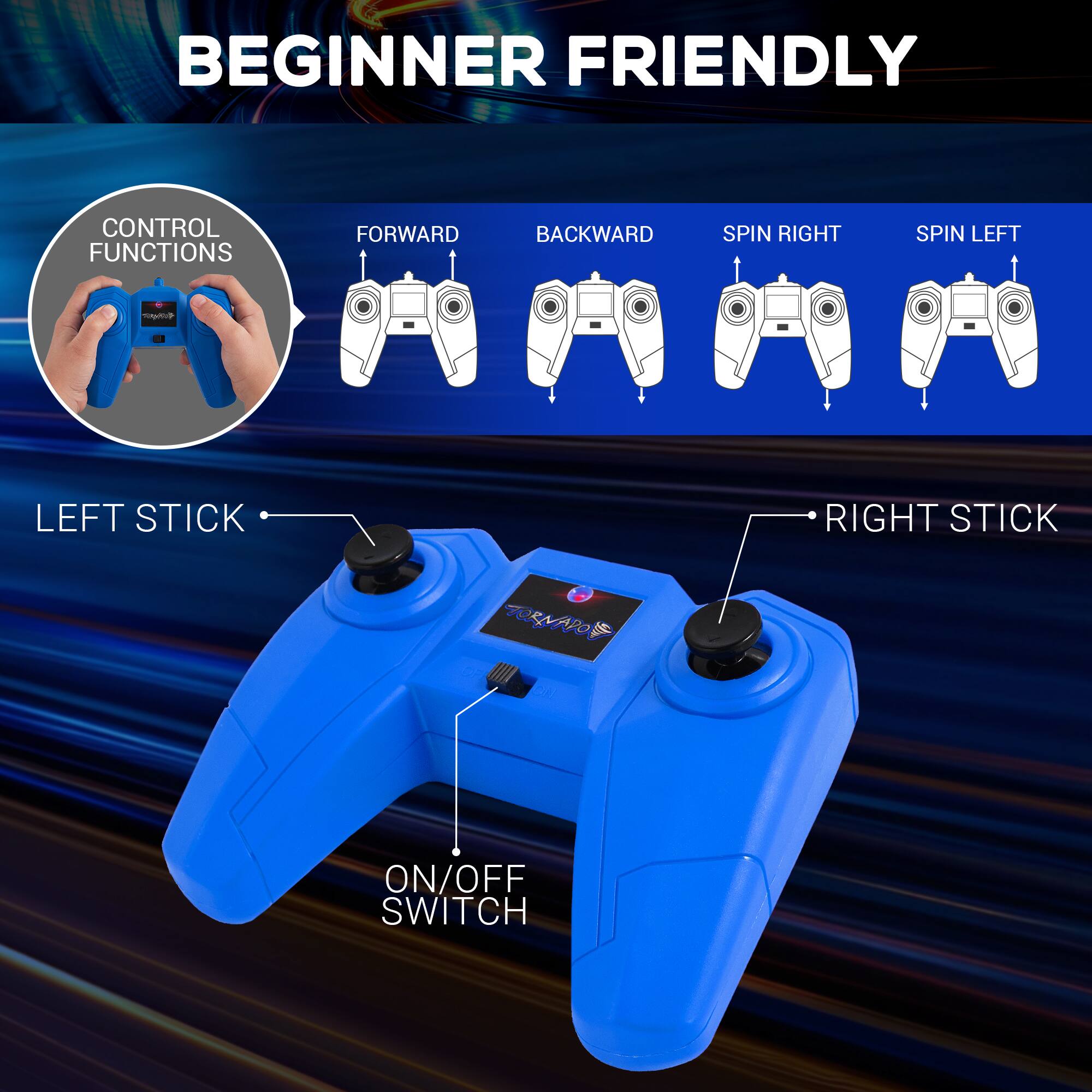 BEGINNER FRIENDLY CONTROL FUNCTIONS FORWARD BACKWARD SPIN RIGHT SPIN LEFT LEFT STICK RIGHT STICK ON/OFF SWITCH