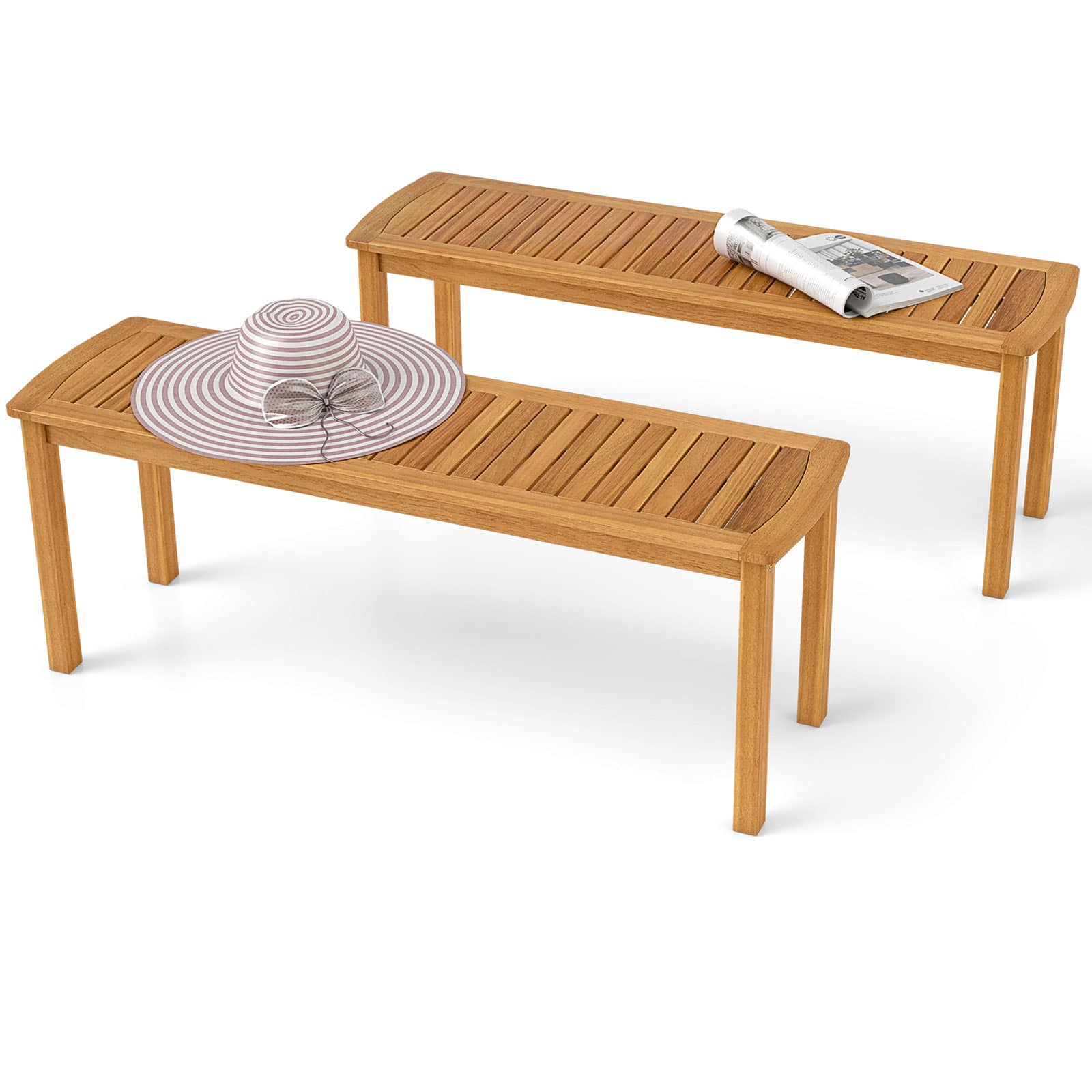 Gymax - 2 PCS Acacia Wood Outdoor Bench 48'' Long Patio Dining Bench w/ Slatted Seat for Garden - Natural price history on PriceWatchPro