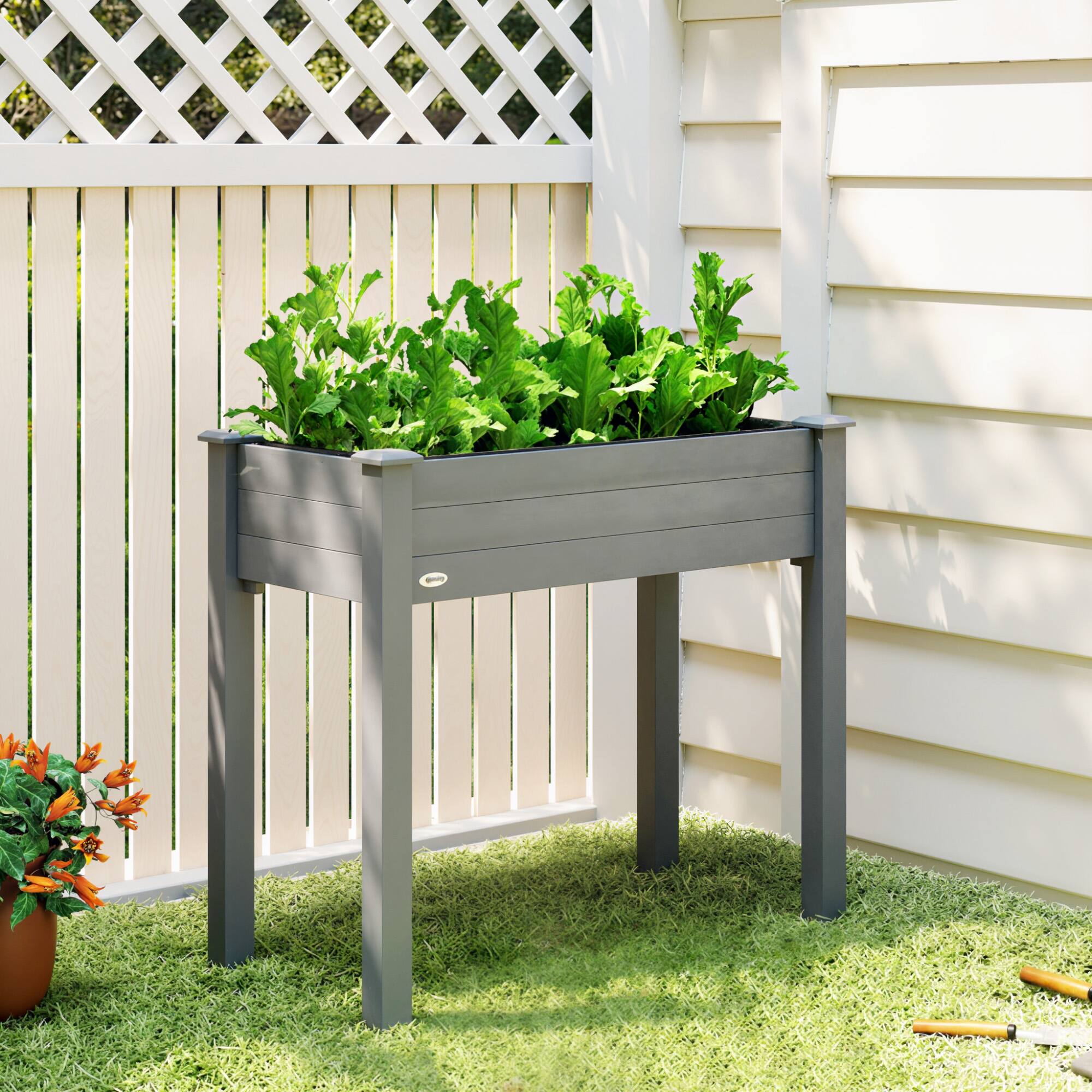 Alt View 1. Outsunny - Raised Garden Bed, Elevated Wooden Planter Box with Holes for Vegetables, Herb, Flowers for Backyard - Dark Gray.