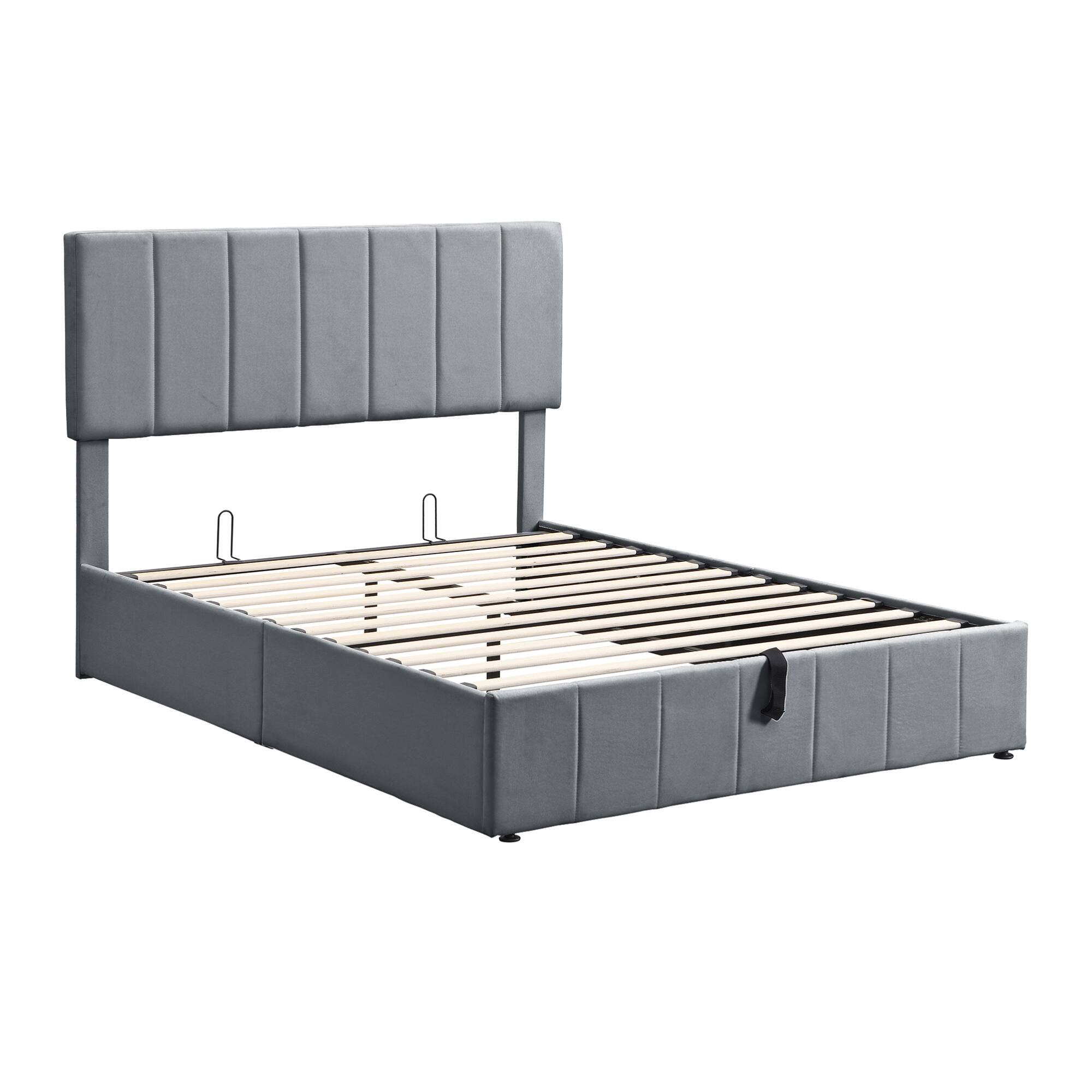 Back. GOODSILO - Full Size Upholstered Platform Bed with Hydraulic Storage System and Wooden Slat Support - Gray.