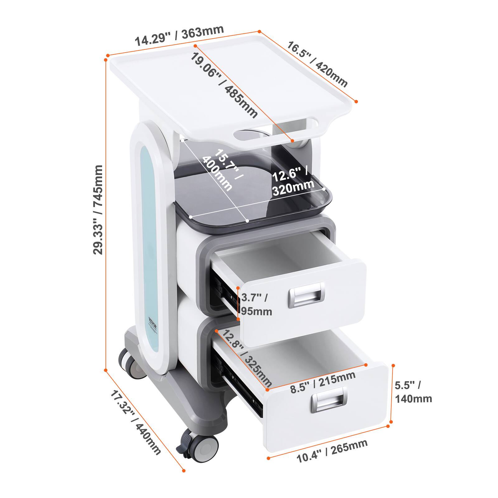 19.06" / 485mm, 14.29" / 363mm, 16.5" / 420mm, 29.33" / 745mm, 15.7" / 400mm, 12.6" / 320mm, 17.32" / 440mm, 3.7" / 95mm, 12.8" / 325mm, 8.5" / 215mm, 10.4" / 265mm, 5.5" / 140mm