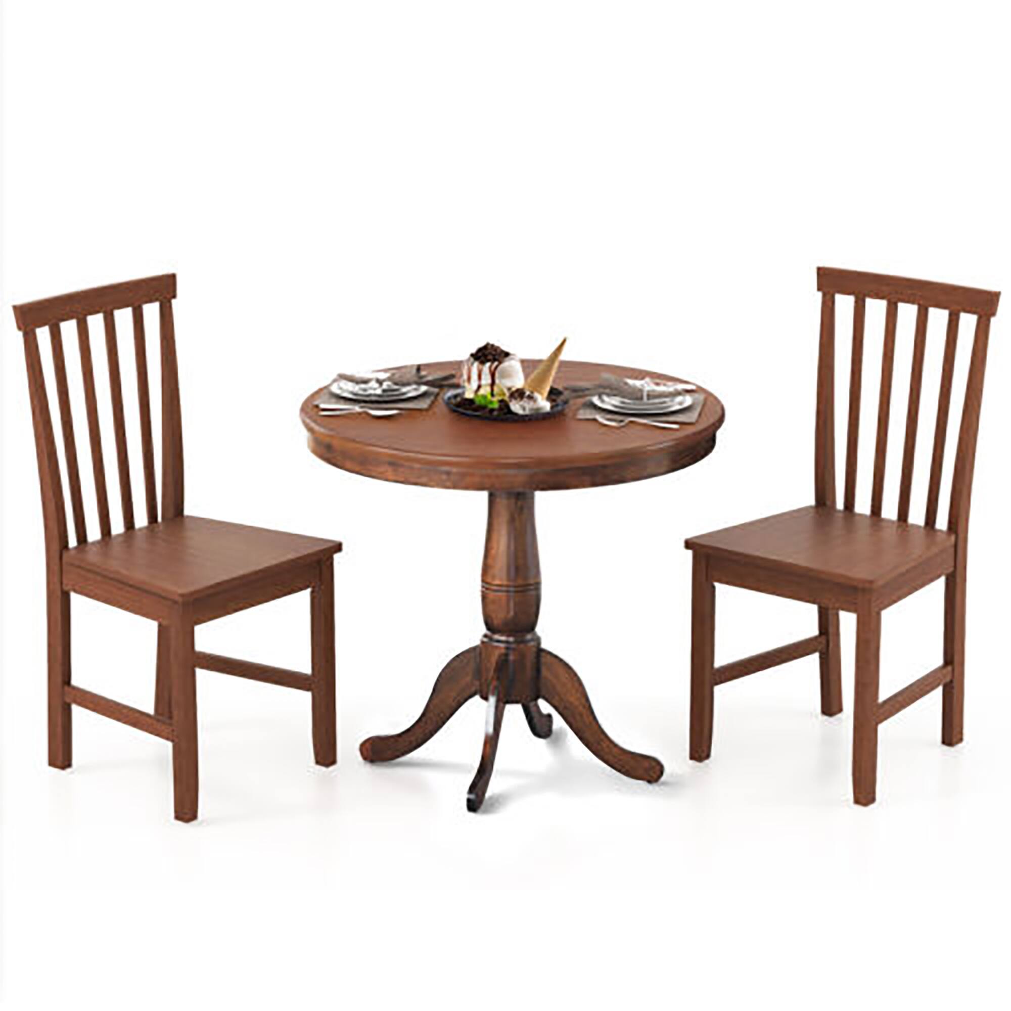 Front. Gymax - Gymax 3-Piece Dining Kitchen Table Dining Set Mid-Century Round WoodenTable & 2 Chairs - Walnut.