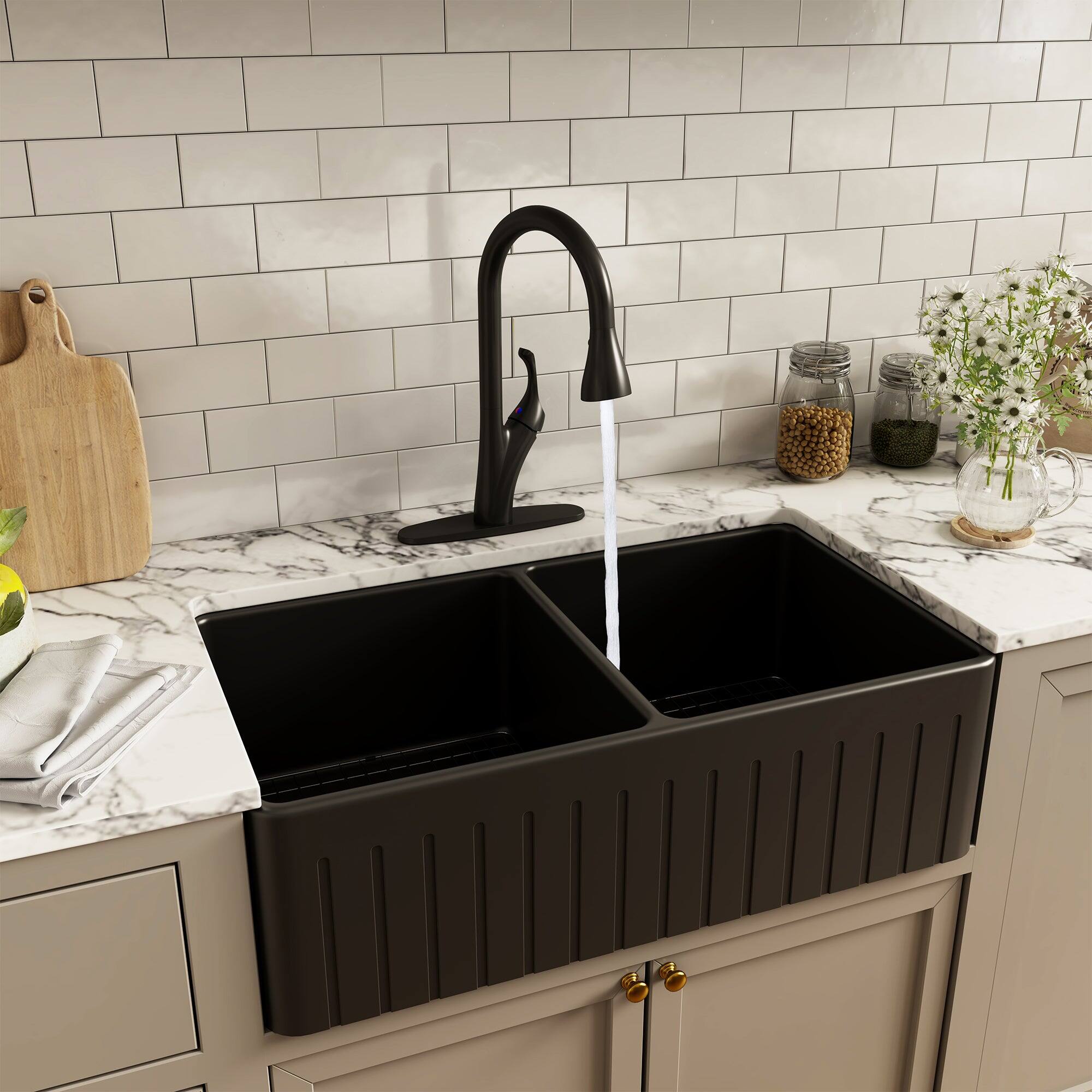 Alt View 3. Boyel Living - Stainless Steel Single Handle Pull Down Sprayer Kitchen Faucet with 3-Spray Patterns and Deck Plate in Matte Black - Matte Black.