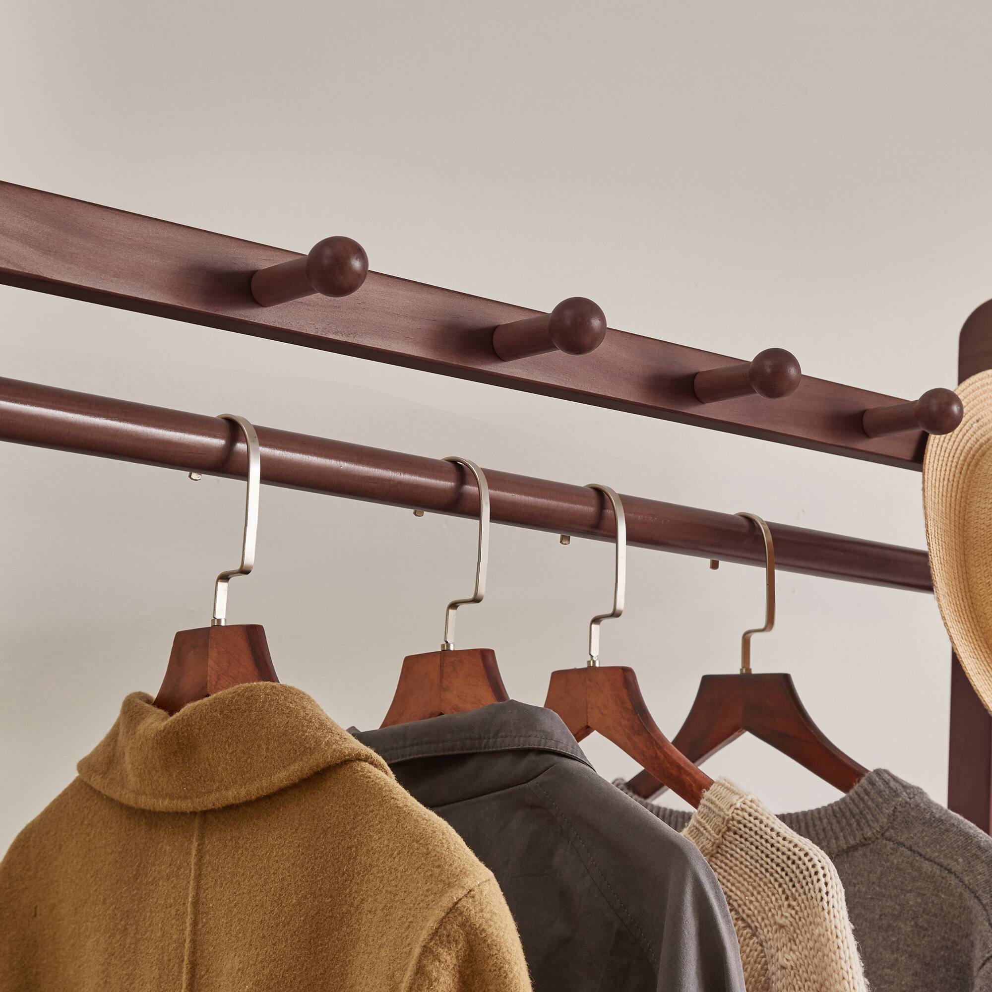 Alt View 4. LUCKY ONE - Solid Wood Freestanding Clothing Garment Rack with Lockable Wheels - Walnut.