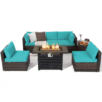 Front. Gymax - Gymax 7PCS Patio Rattan Furniture Set 42'' Fire Pit Table w/ Cover Cushioned Turquoise - Turquoise.