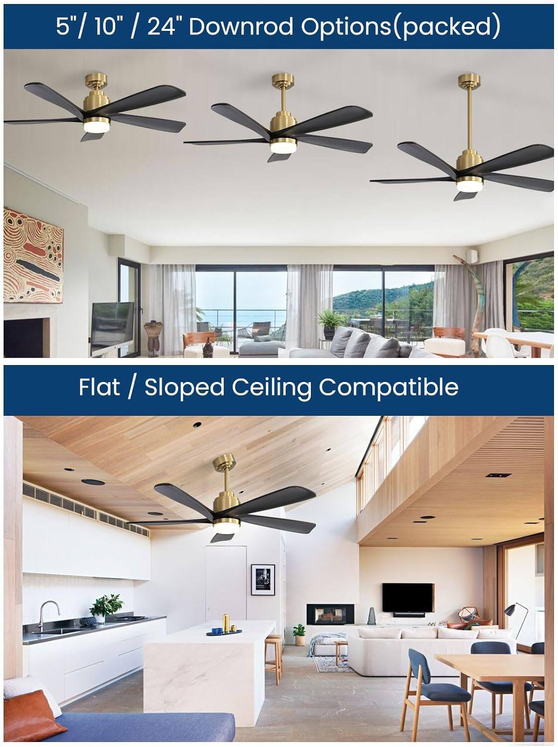 5" / 10" / 24" Downrod Options (packed)  
Flat / Sloped Ceiling Compatible