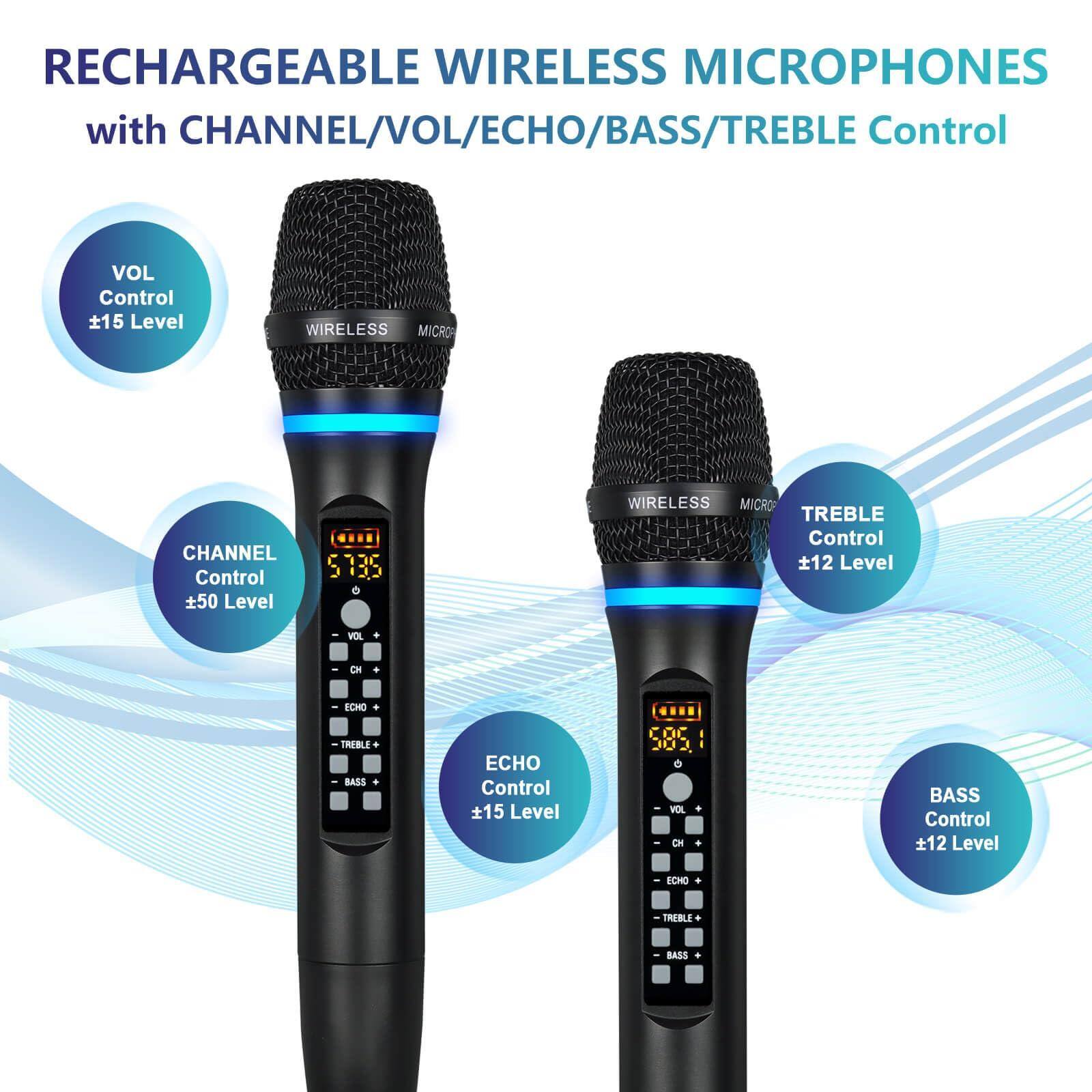 RECHARGEABLE WIRELESS MICROPHONES with CHANNEL/VOL/ECHO/BASS/TREBLE Control

- VOL Control ±15 Level
- CHANNEL Control ±50 Level
- ECHO Control ±15 Level
- TREBLE Control ±12 Level
- BASS Control ±12 Level