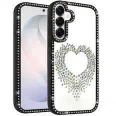 Front. Kitcheniva - Heart Shaped Crystals With Bling Border Plus Tempered Glass For Samsung S26 FE Black - Black.