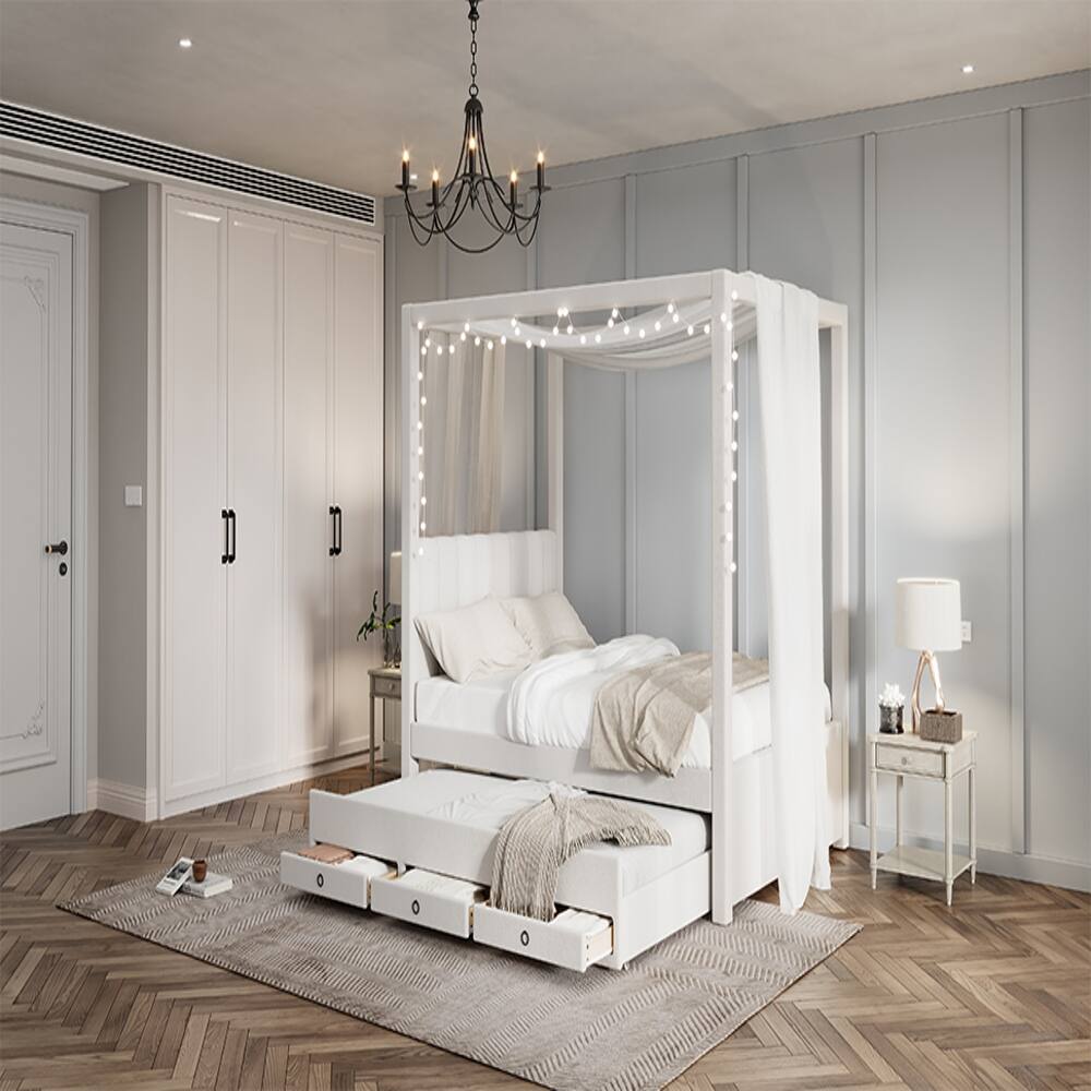 Alt View 4. Loheer - Loheer Full Size Canopy Bed Upholstered Platform Bed with Trundle and 3 Storage Drawers Beige Pine Wood Bed Frame - Beige.
