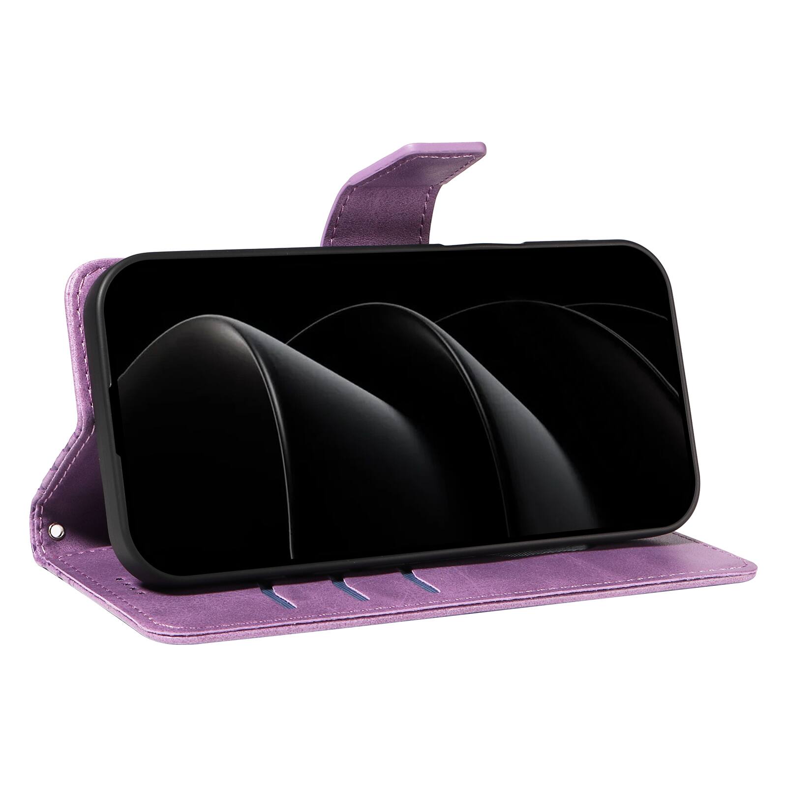 Angle. Dteck - Magnetic Wallet Pocket Case For iPhone 17 Pro Max, Shockproof Faux Leather Card Pocket Wrist Strap Cover - Purple.