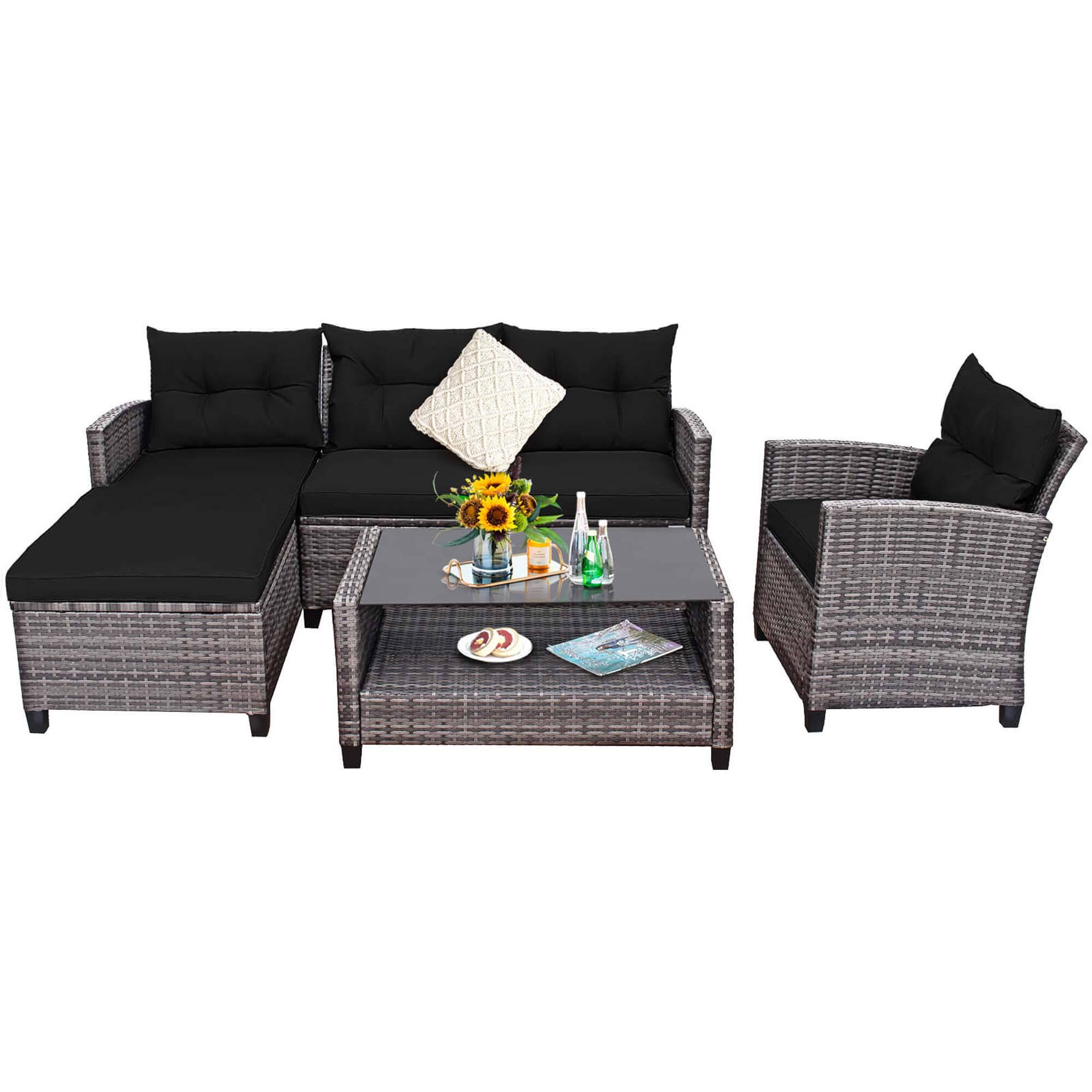 Alt View 6. Gymax - Gymax Set of 4 Rattan Furniture Set Sofa Ottoman Cushion Garden Deck Patio Black - Black.
