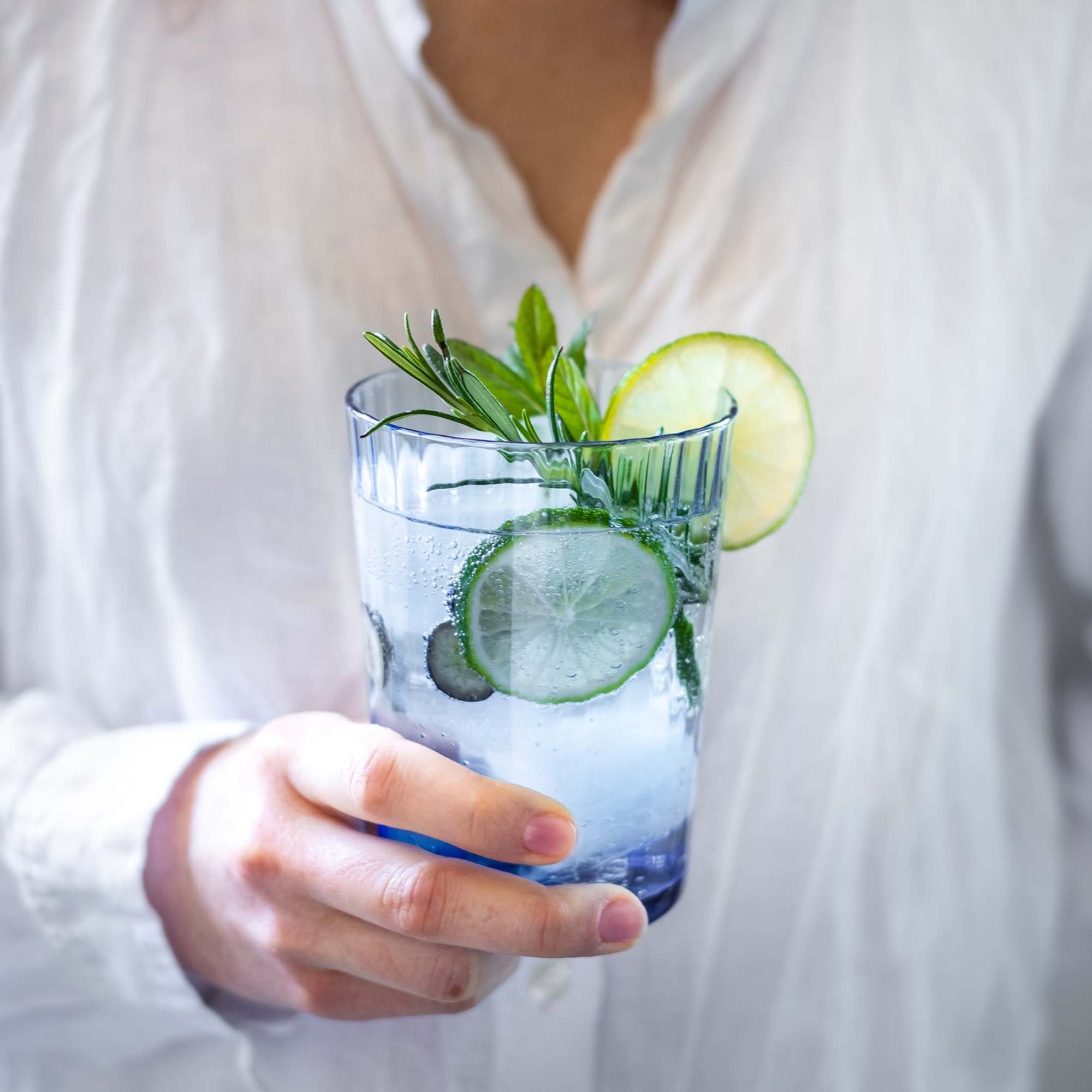 Left. Bormioli Rocco - Bormioli Rocco Gin Fizz Tumblers, Sapphire Blue 17 Oz (Set of 12) - Clear.