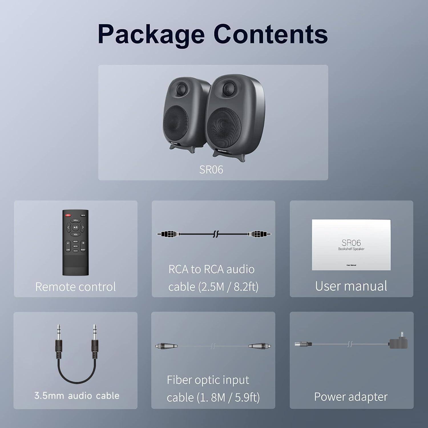 Package Contents

- SR06 Bookshelf Speaker
- Remote control
- RCA to RCA audio cable (2.5M / 8.2ft)
- 3.5mm audio cable
- Fiber optic input cable (1.8M / 5.9ft)
- Power adapter
- User manual