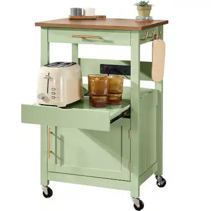 Front. Best Choice Products - Rolling Kitchen Island Cart, Cabinet W/ Drawer, Sliding Tray, Outlet, Wheels - Pistachio Green.