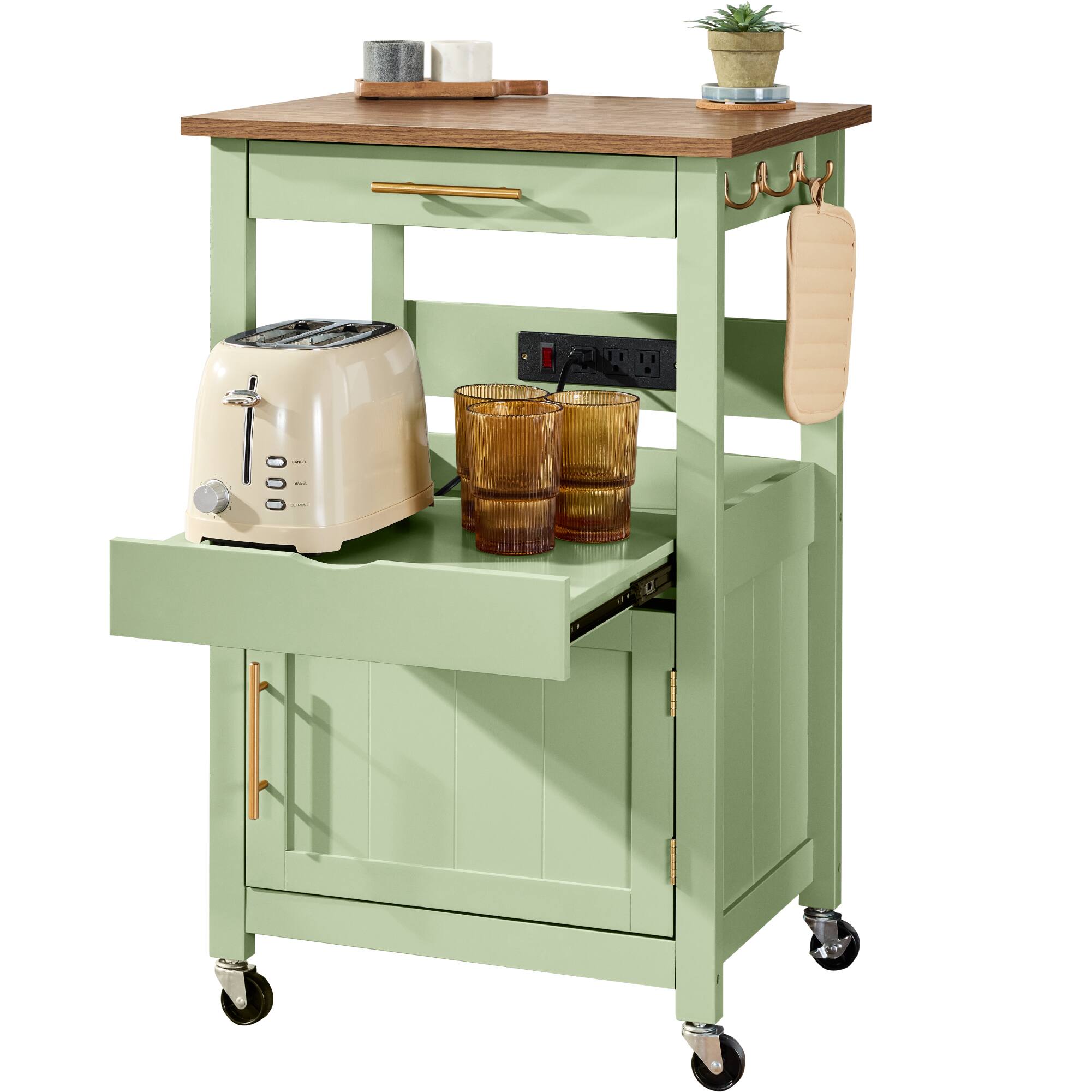 Best Choice Products - Rolling Kitchen Island Cart, Cabinet W/ Drawer, Sliding Tray, Outlet, Wheels - Pistachio Green