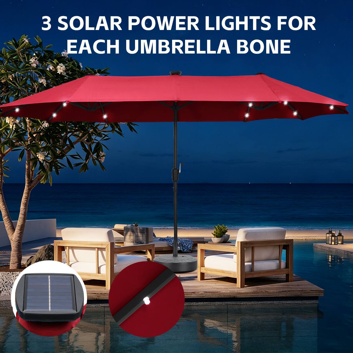 3 SOLAR POWER LIGHTS FOR EACH UMBRELLA BONE