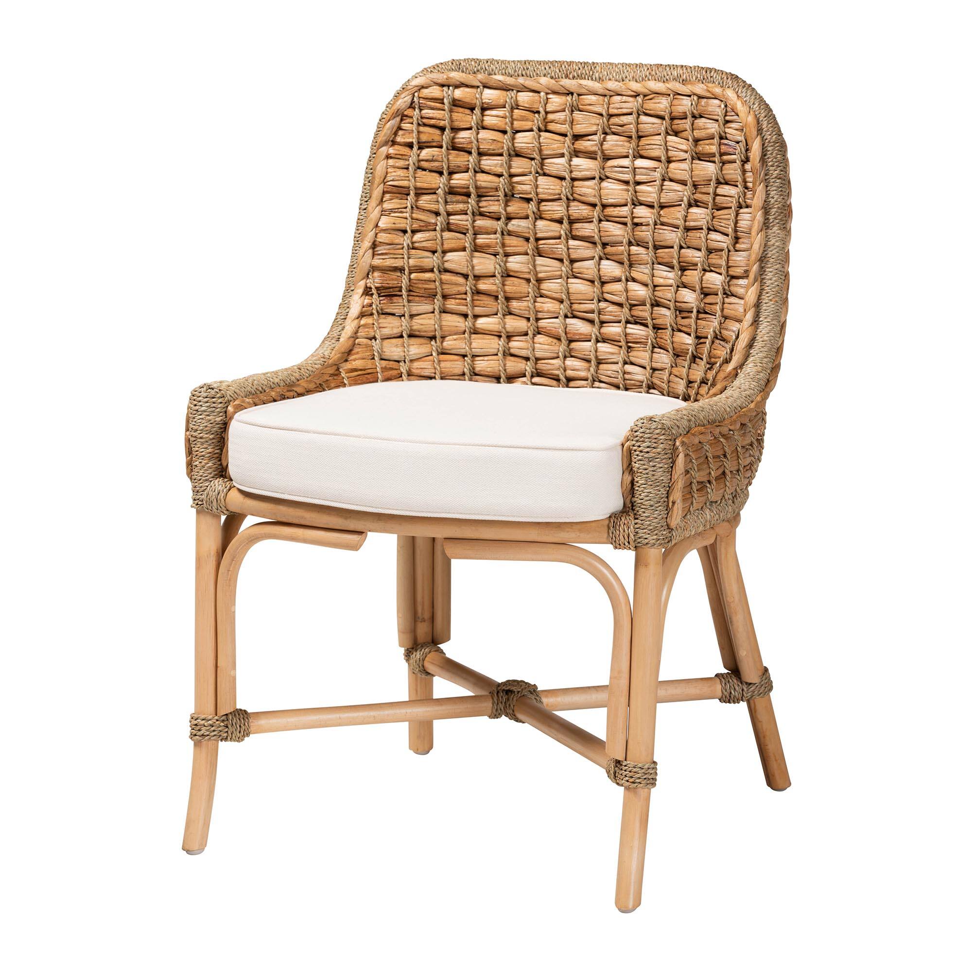 Front. bali & pari - Kyle Modern Bohemian Woven Rattan Dining Side Chair With Cushion - White/Natural Brown.