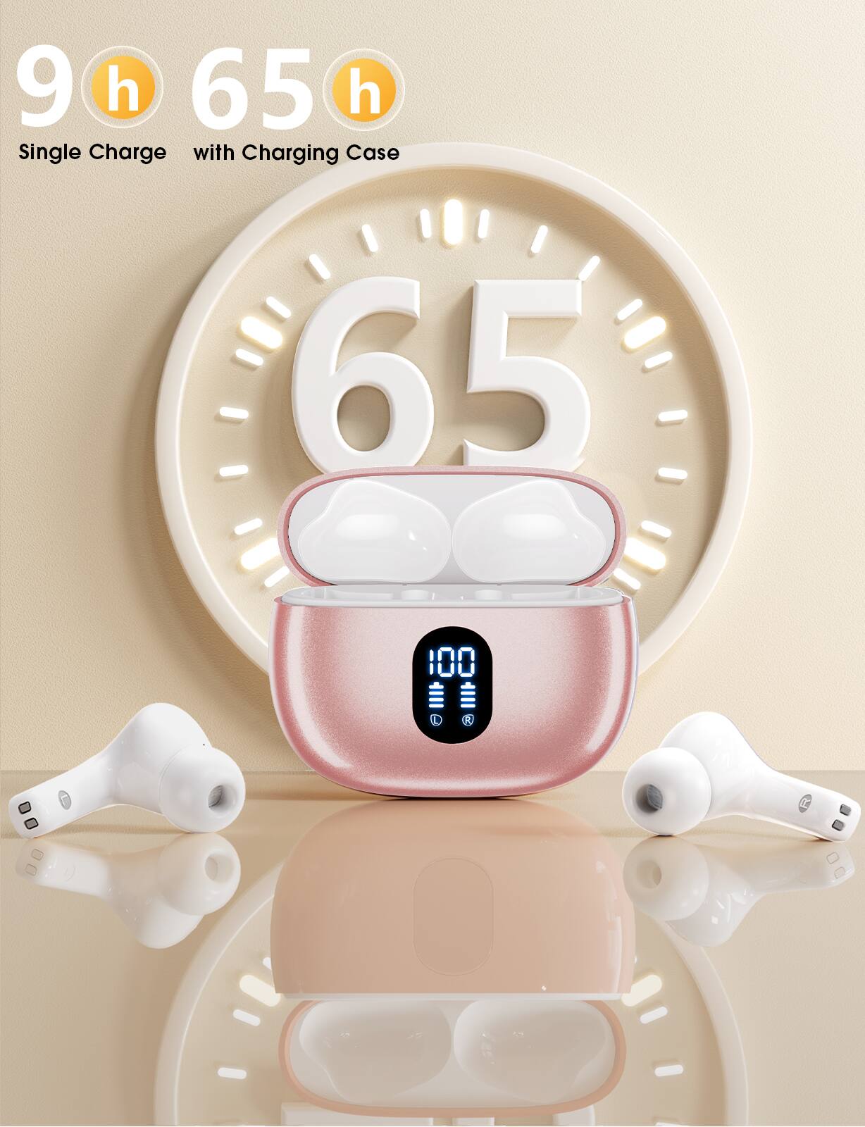 9 h 65 h  
Single Charge with Charging Case  
65  
100