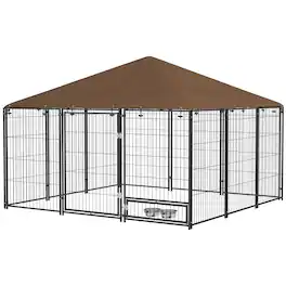 Pawhut - x 6.9' x 5' Outdoor Dog Kennel with Canopy Garden Playpen Fence Crate Enclosure Cage Rotating Bowl - Brown