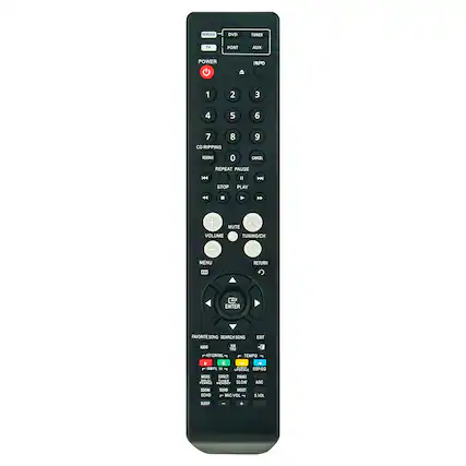 Sure, here is the corrected and grouped text from the image:
---
**Top Section:**
- DVD
- TUNER
- TV
- PORT
- AUX
- IN/PO
**Power Section:**
- POWER
**Number Pad:**
- 1 2 3
- 4 5 6
- 7 8 9
- 0
**Playback Controls:**
- CD RIPPING (INSERT)
- REPEAT
- PAUSE
- STOP
- PLAY
- CANCEL
**Volume and Mute:**
- VOLUME
- MUTE
**Menu and Navigation:**
- MENU
- RETURN
- ENTER
- FAVORITE SONG
- SEARCH SONG
- EXIT
**Audio Control:**
- TEMPO
- DSP/EQ
- PASS
- SLOW
- MOST
- VOL
- S.VOL
**Effects:**
- KEY CONTROL
- DOPL
- MODE
- EFFECT
- ZOOM
- SOUNO
- ECHO
- SLEEP
- MIC
**Bottom Section:**
- TUNING/CH
- TUNING/CH
- TUNING/CH
- TUN