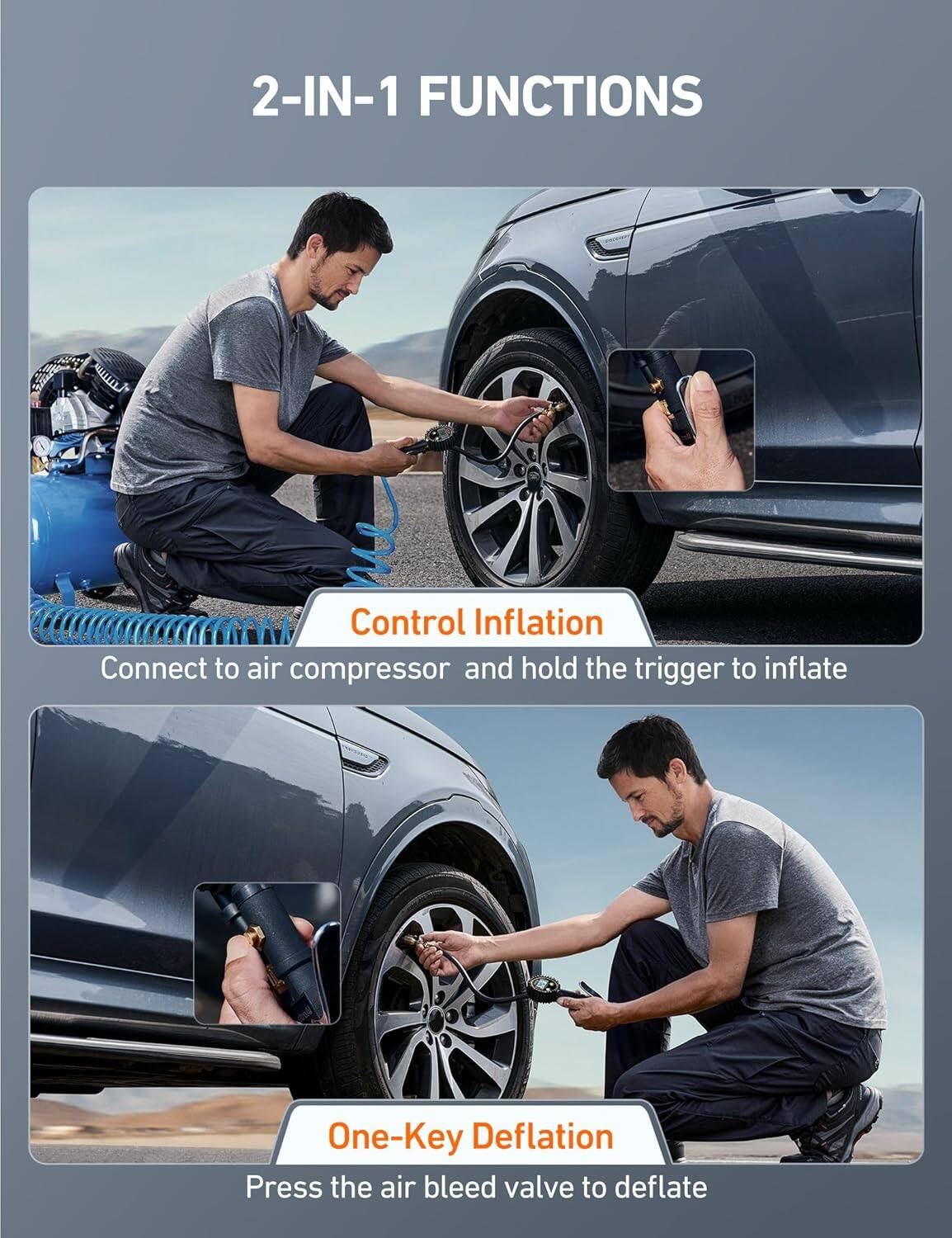 2-IN-1 FUNCTIONS

Control Inflation  
Connect to air compressor and hold the trigger to inflate

One-Key Deflation  
Press the air bleed valve to deflate