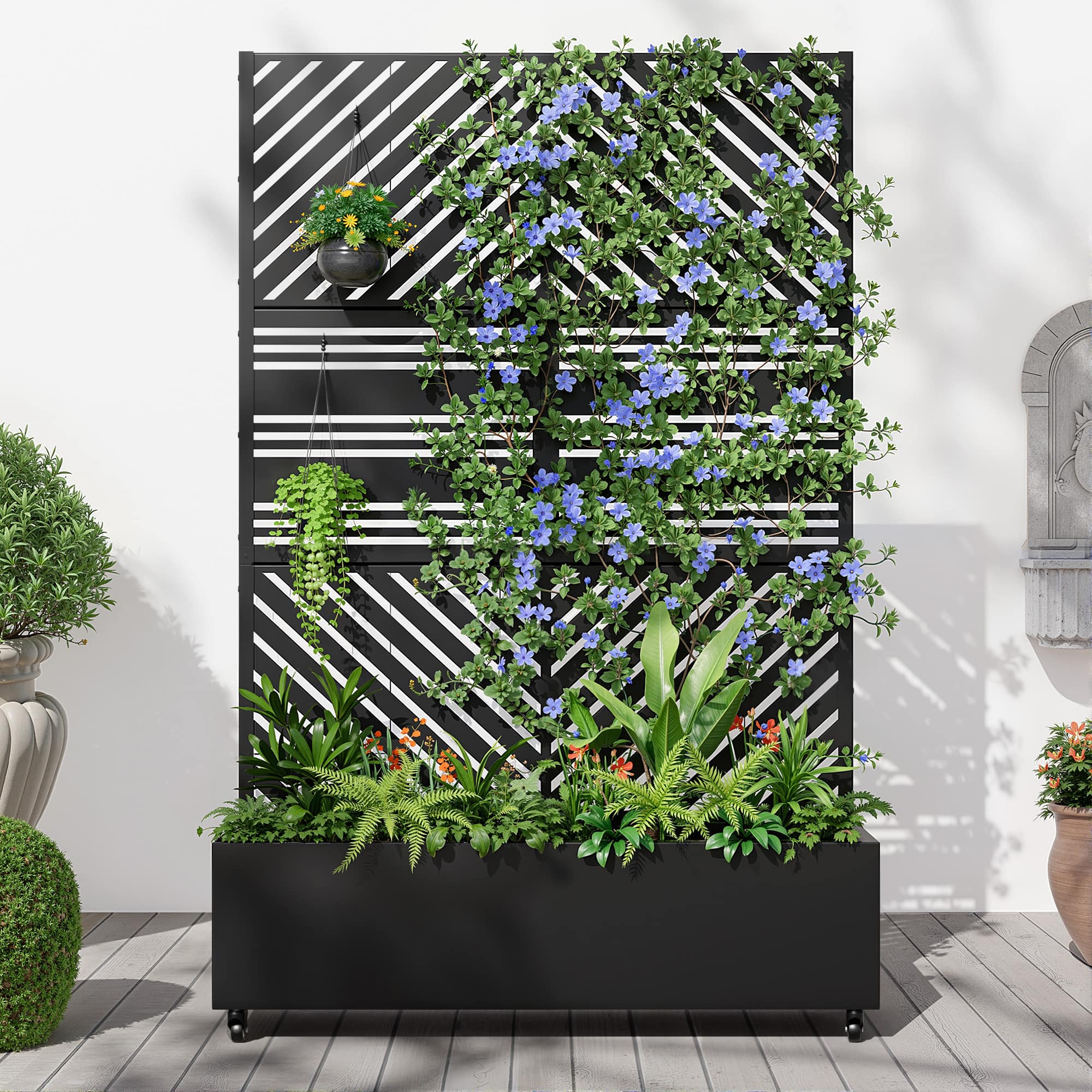 PexFix - 72 in. H x 47 in. W Paraold Pattern Rectangle Metal Planter Box Raised Garden Beds with Trellis-Ideal for Balcony - Black