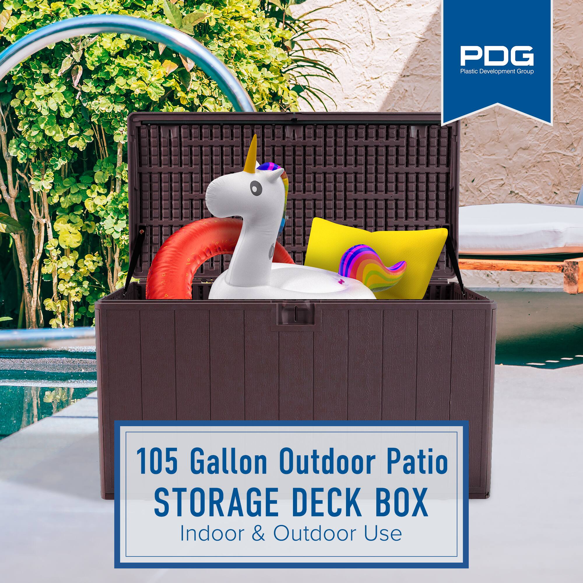 PDG Plastic Development Group

105 Gallon Outdoor Patio STORAGE DECK BOX

Indoor & Outdoor Use
