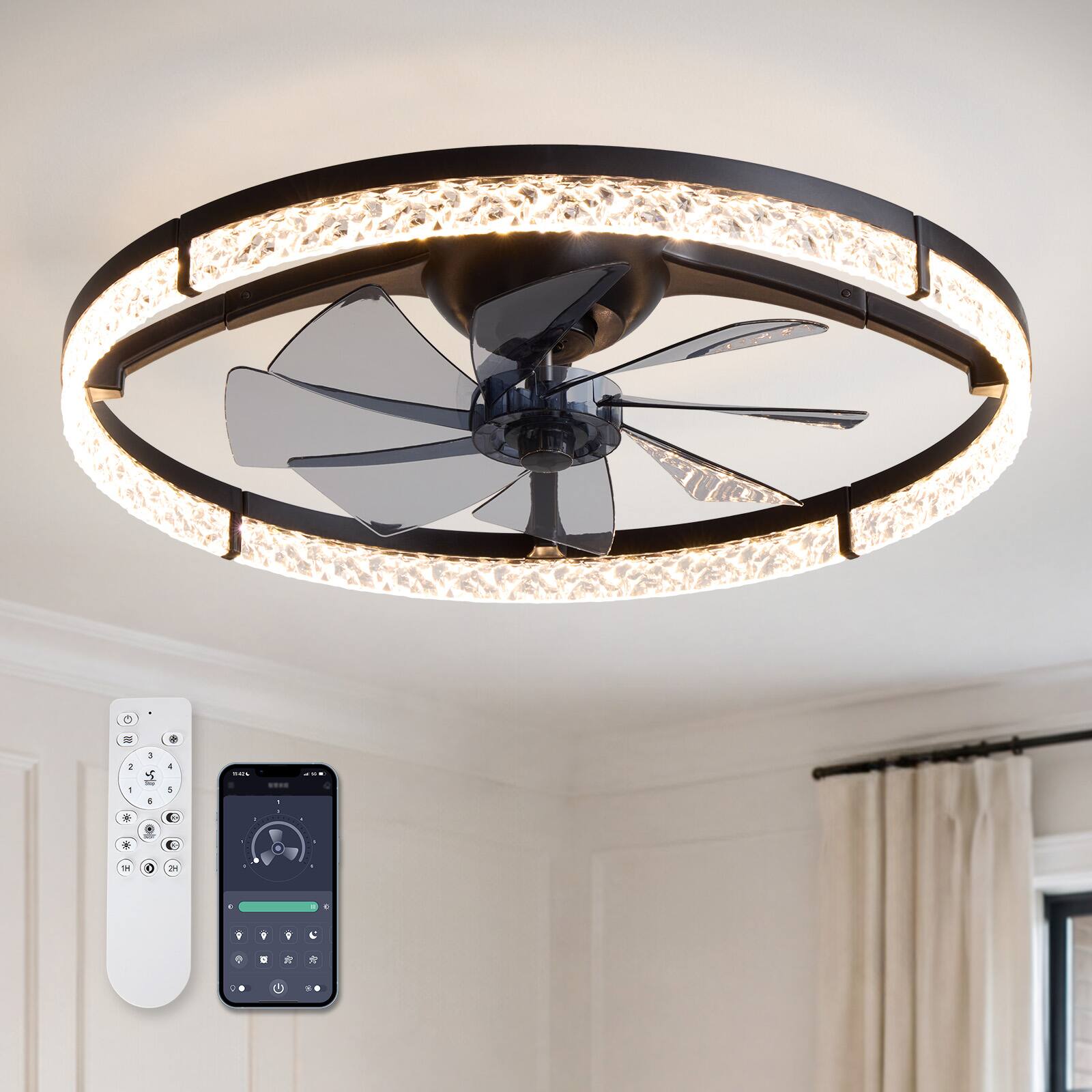 Front. Siljoy - 24 Inch Black Crystal Diamond Ring Flush Mount Ceiling Fan Light with Remote, Silent for Bedroom Living Room - Black.