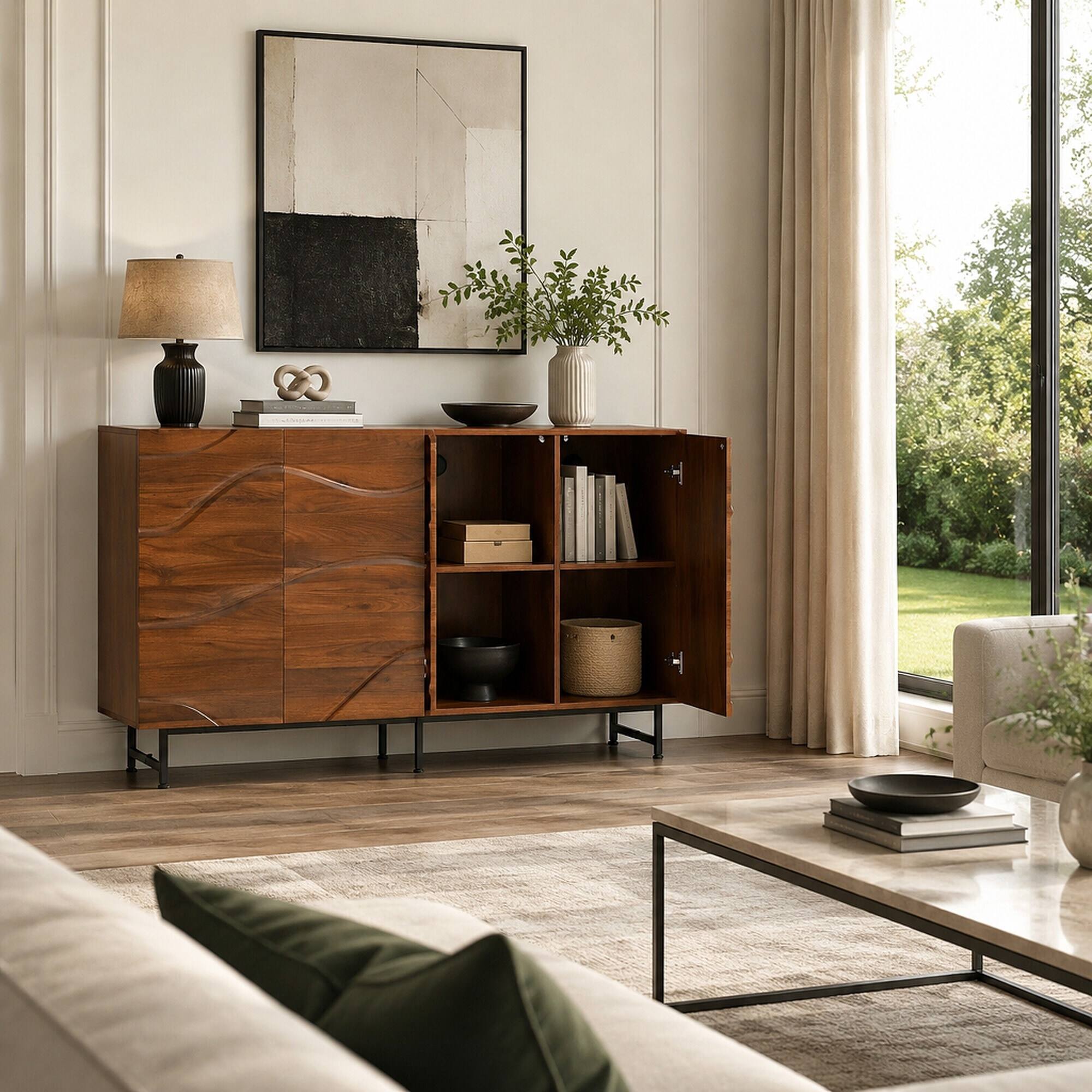 Back. RYHNUYNE - Freestanding Modern Solid Wood Sideboard with Wave Relief Design and Iron Legs, Walnut, 59 Inch - Wood.