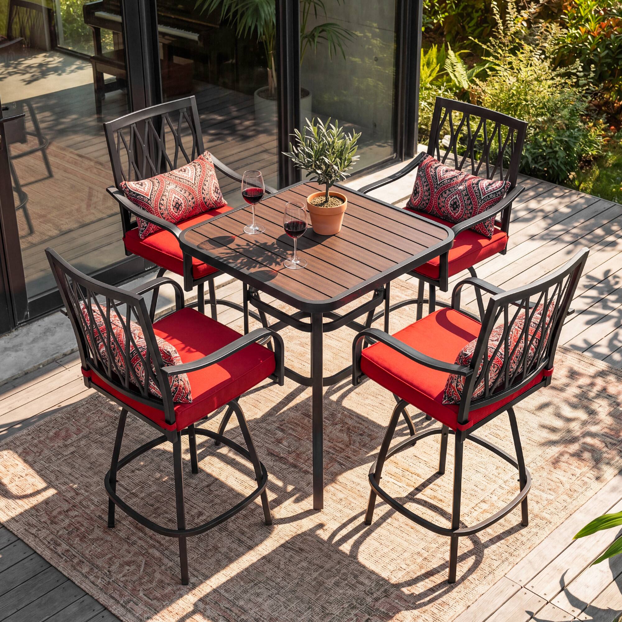 Angle. Nuu Garden - 5-Piece Patio Bar Set with Faux Wood Top, Swivel Bar Stools with Cushions - Black and Red.