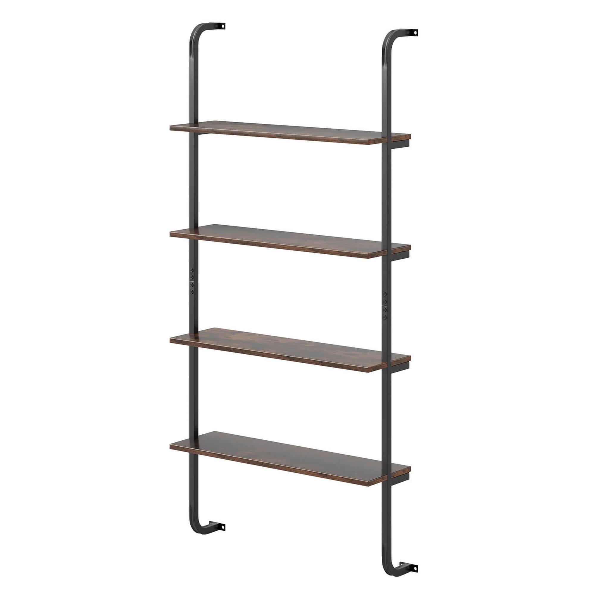 Angle. Costway - Costway 1 PCS 4-Tier Wall-mounted Ladder Shelf Display Bookshelf with Heavy-duty Metal Frame - Coffee & Black.