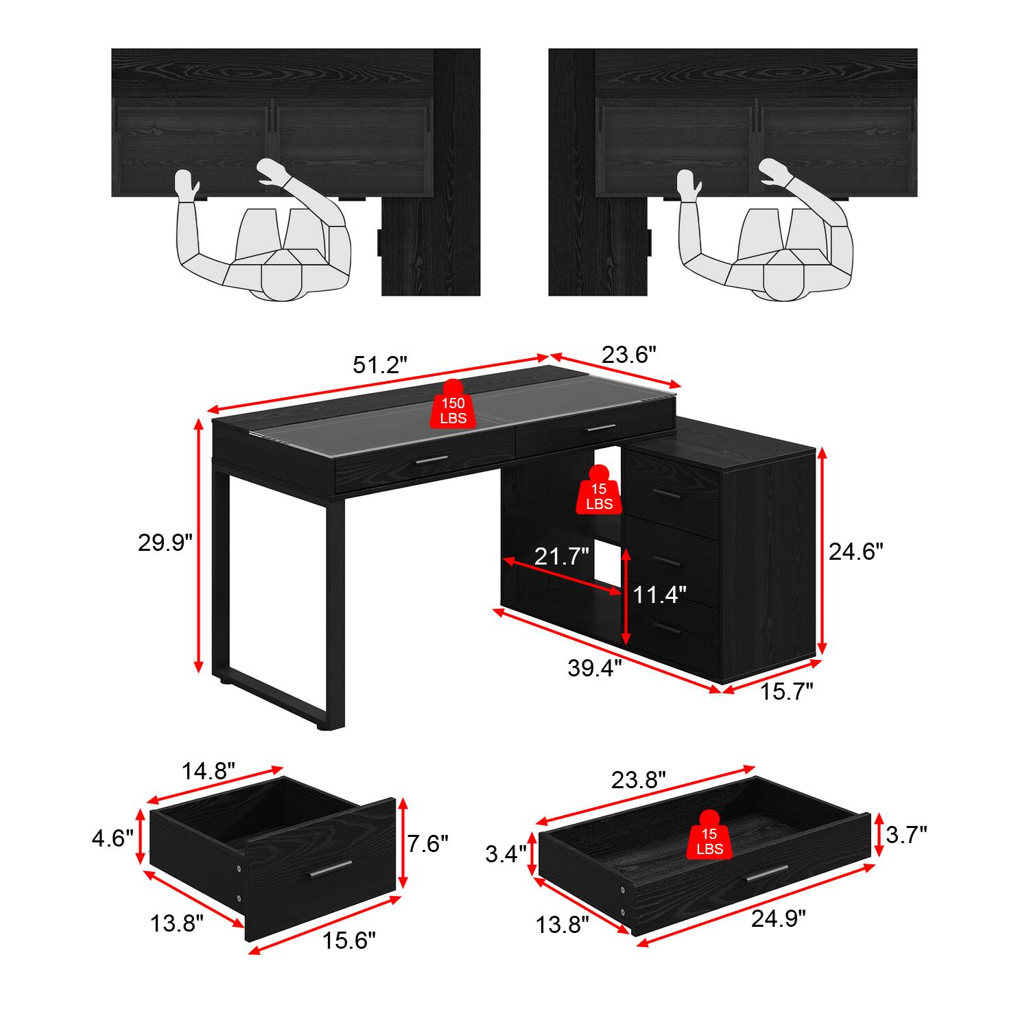 51.2", 23.6", 150 LBS, 15 LBS, 29.9", 21.7", 11.4", 24.6", 39.4", 15.7", 14.8", 23.8", 4.6", 7.6", 3.4", 15 LBS, 3.7", 13.8", 15.6", 13.8", 24.9"