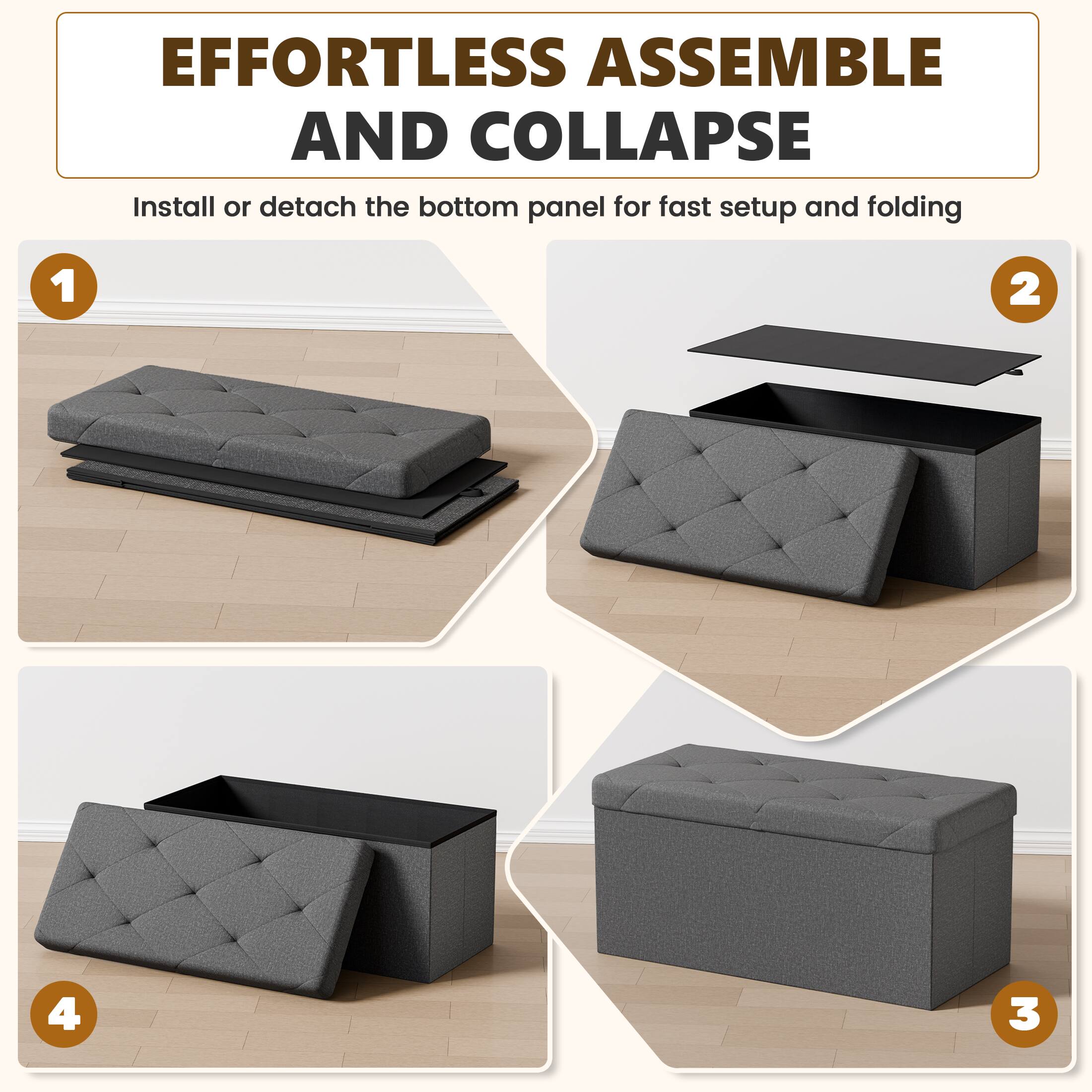 EFFORTLESS ASSEMBLE AND COLLAPSE  
Install or detach the bottom panel for fast setup and folding

1  
2  
3  
4
