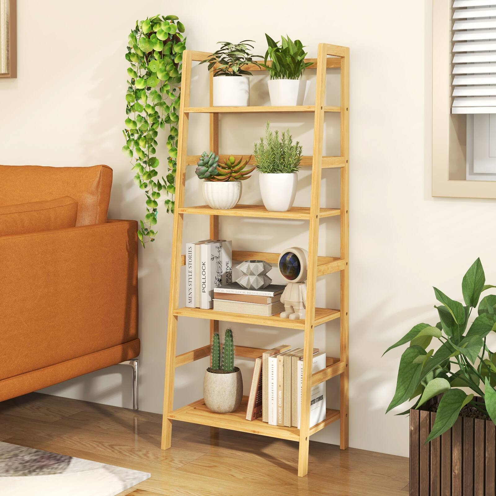 The image features a wooden bookshelf filled with various items, including several potted plants, books, and a vase. The bookshelf is placed on a wooden floor, and there is a couch nearby. The scene appears to be a cozy living space with a focus on plants and books.