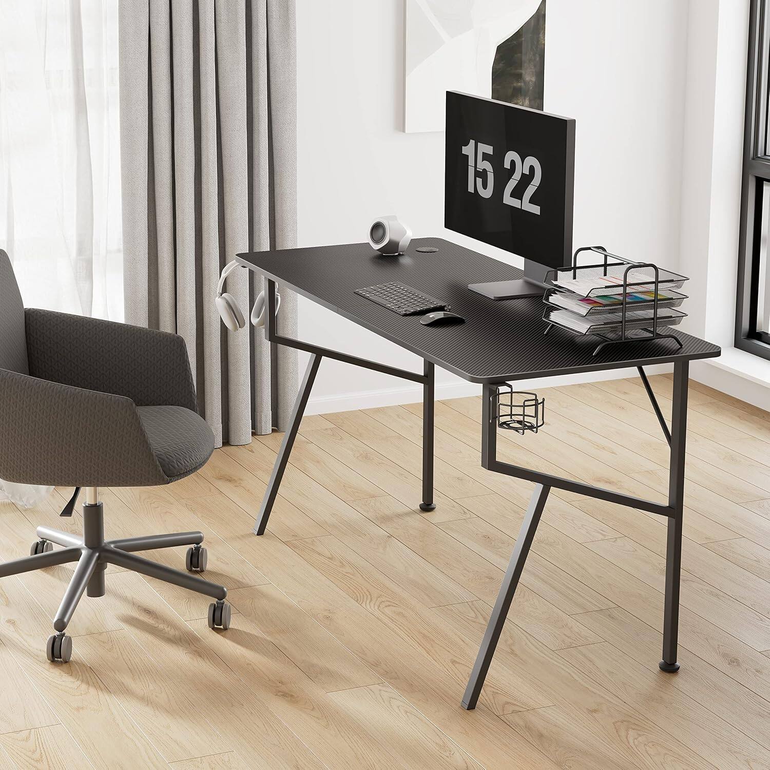 Back. Eureka Ergonomic - 55" Gaming Desk, K-Shaped PC Computer Desk with Cup Holder, Headphone Hook, Controller Stand & Mouse Pad, Carbon Fiber B - Black.
