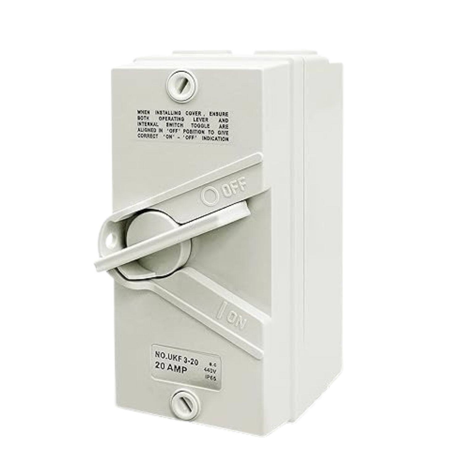 When installing cover, ensure both operating lever and internal switch toggle are aligned in off position to give correct on/off indication.

NO. UKF 3-20  
20 AMP  
400V  
IP65