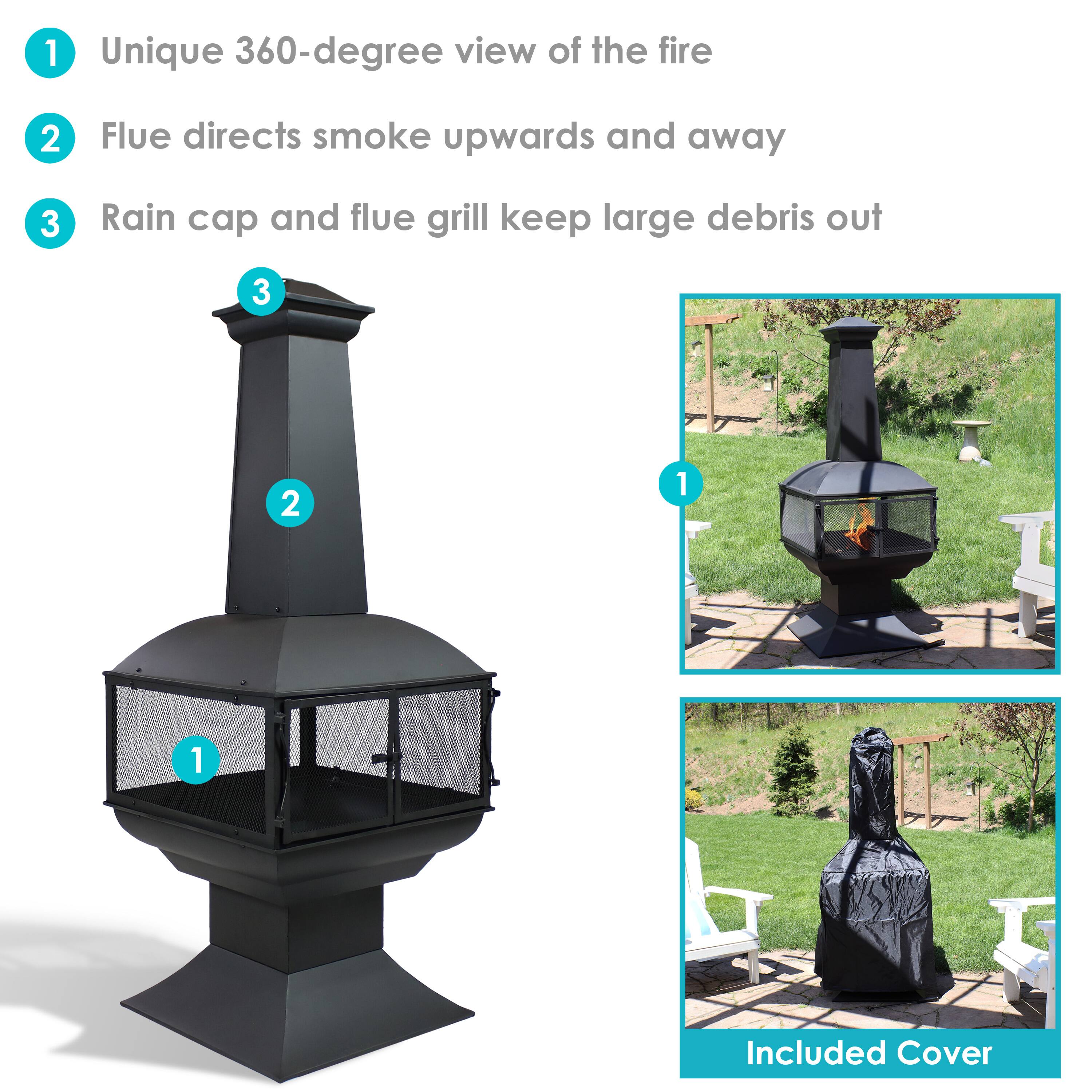 1. Unique 360-degree view of the fire
2. Flue directs smoke upwards and away
3. Rain cap and flue grill keep large debris out

Included Cover