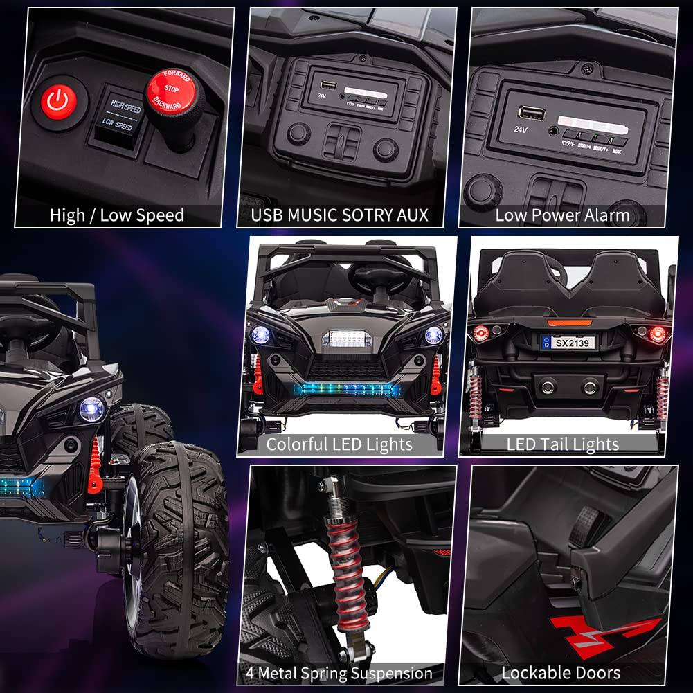 - High / Low Speed
- USB MUSIC SOTRY AUX
- Low Power Alarm
- Colorful LED Lights
- LED Tail Lights
- 4 Metal Spring Suspension
- Lockable Doors
