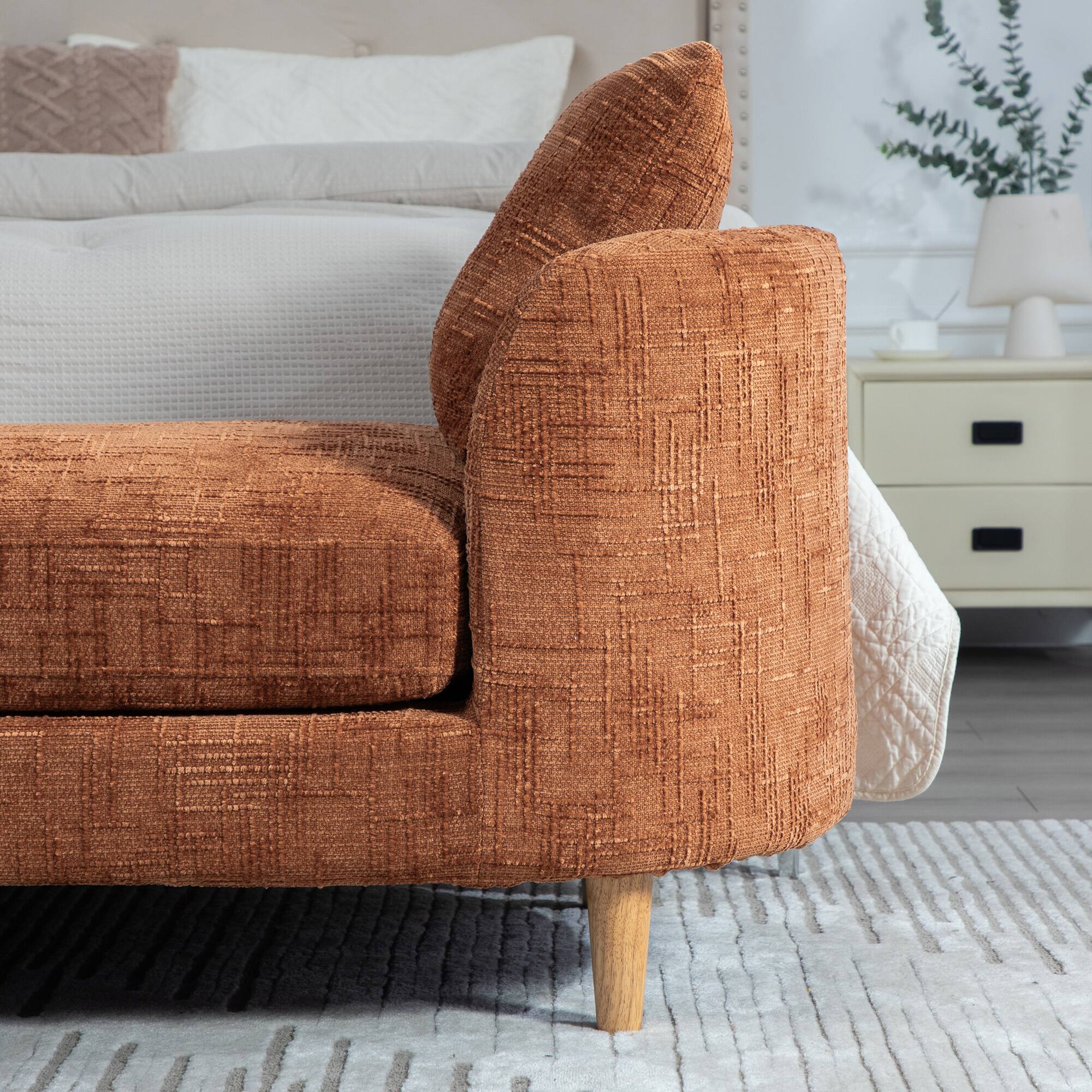 Alt View 2. Ropilly - Ropilly Orange Upholstered End of Bed Bench Chenille Chaise Lounge Couch Backless Daybed with Armrests - Orange.