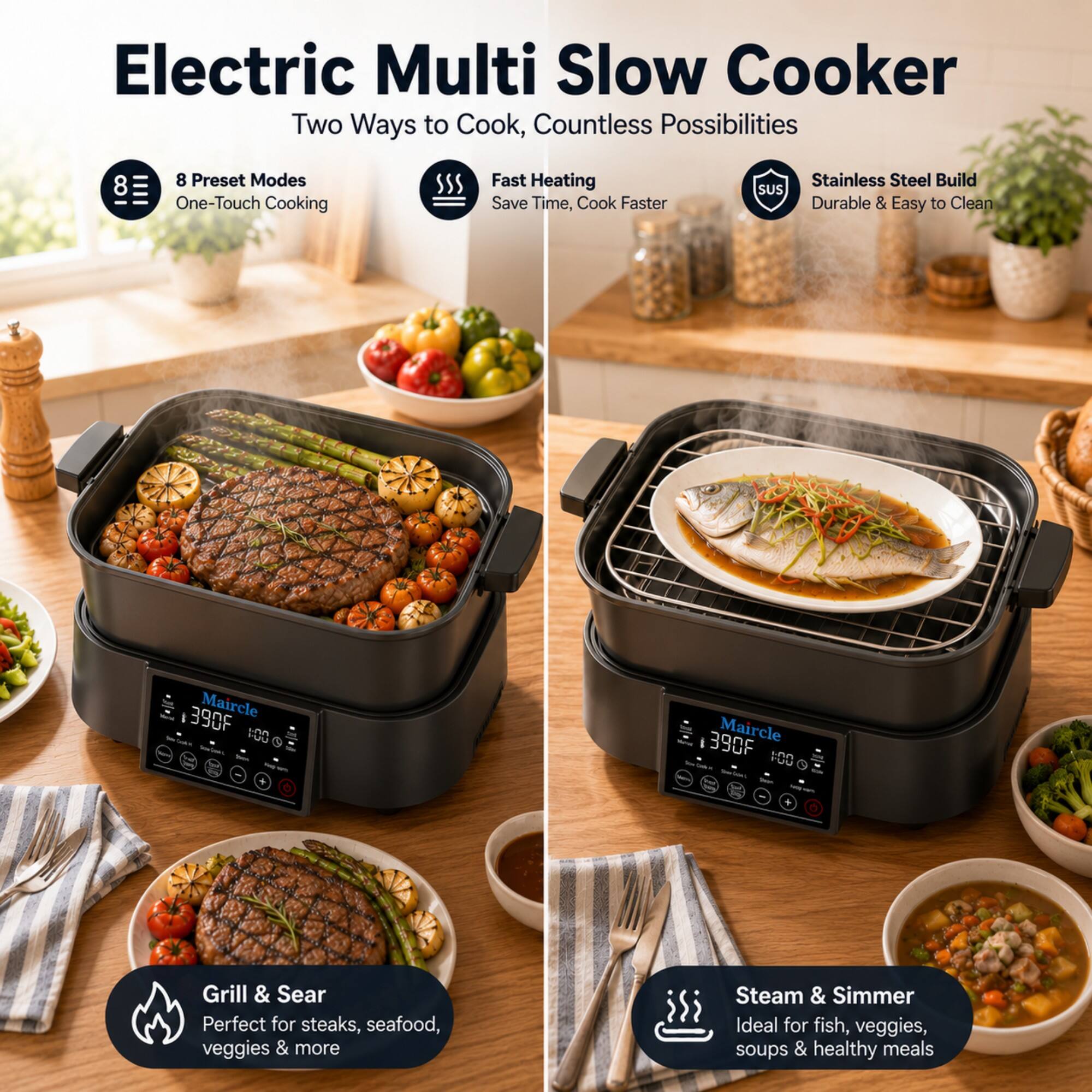 Electric Multi Slow Cooker  
Two Ways to Cook, Countless Possibilities

8 Preset Modes  
One-Touch Cooking

Fast Heating  
Save Time, Cook Faster

Stainless Steel Build  
SUS  
Durable & Easy to Clean

390F  
Maircle 100

Grill & Sear  
Perfect for steaks, seafood, veggies & more

Steam & Simmer  
Ideal for fish, veggies, soups & healthy meals