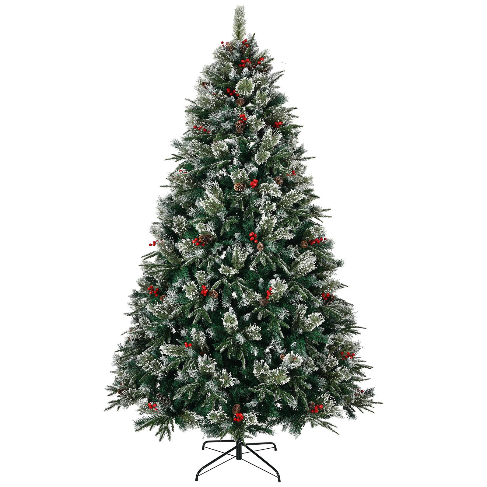Front. Ecooso - Artificial Christmas Tree 8Ft Snow Frosted Xmas Tree Pre-Decorated Christmas Tree Pinecones & Metal Stand, Easy Assembly - Green.