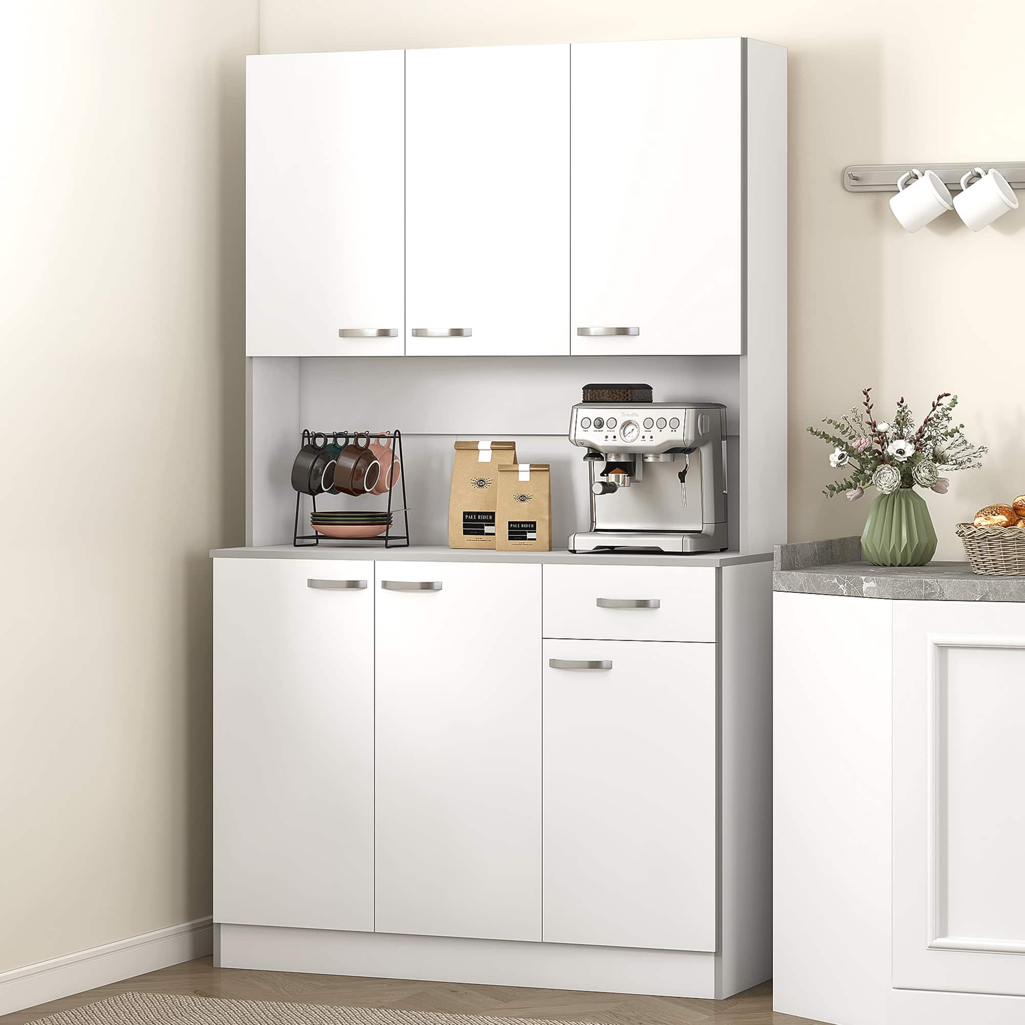 Front. Homcom - 71" Kitchen Pantry Cabinet, Tall Storage Cabinet with Microwave Stand, Modern Kitchen Hutch with Countertop - White.