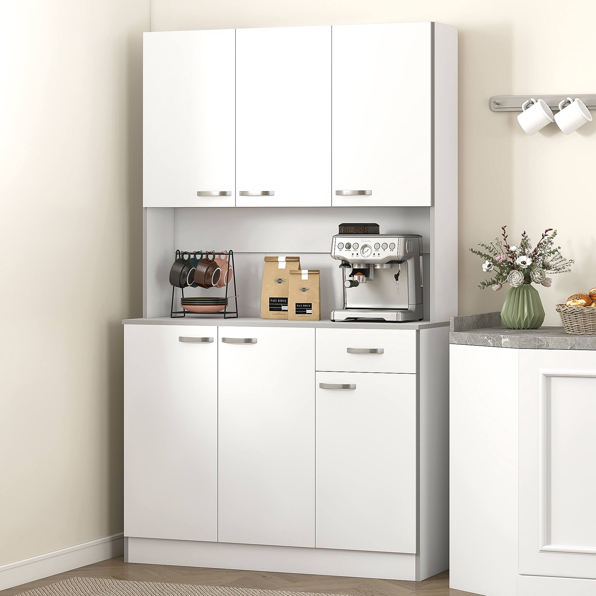 Front. Homcom - 71" Kitchen Pantry Cabinet, Tall Storage Cabinet with Microwave Stand, Modern Kitchen Hutch with Countertop - White.